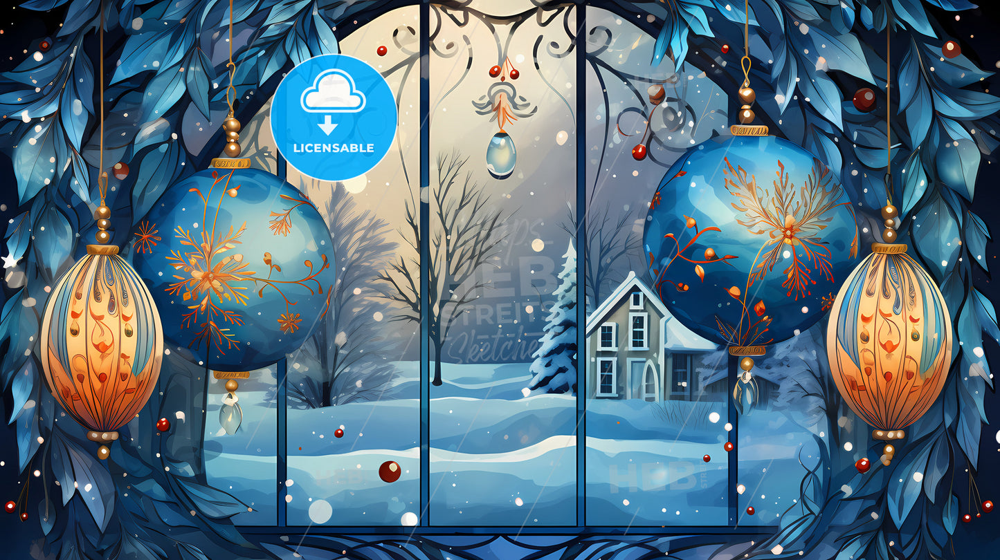 Holiday Greetings - A Window With Ornaments And A House In The Background