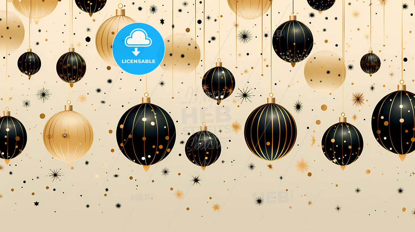 Holiday Greetings - A Group Of Black And Gold Ornaments