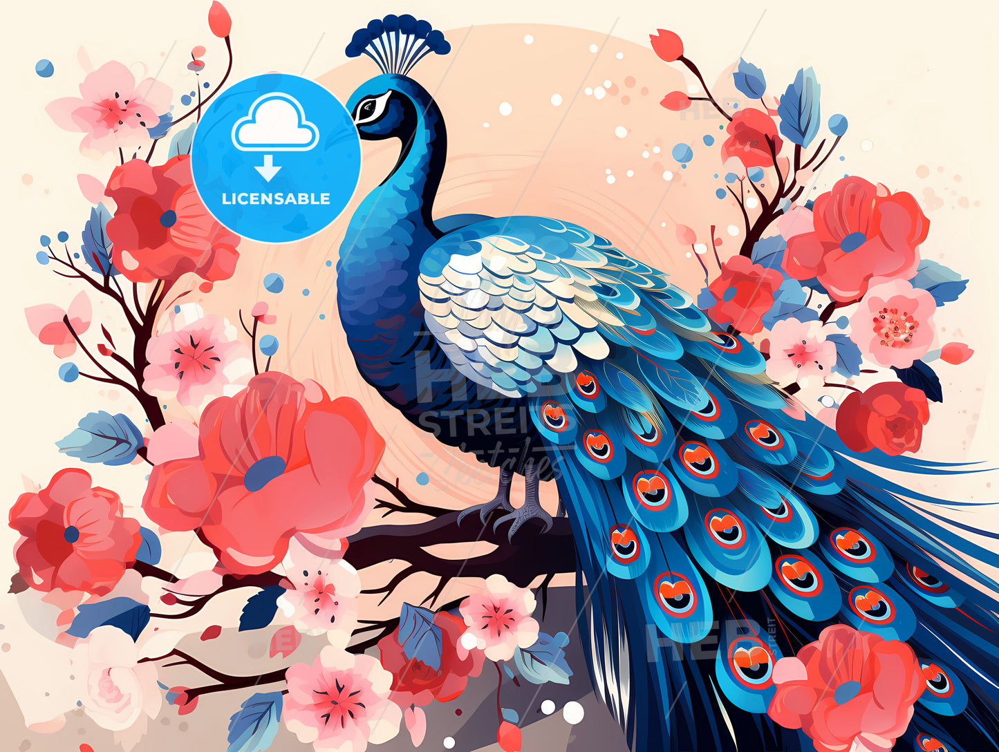 A Blue Peacock On A Branch With Flowers