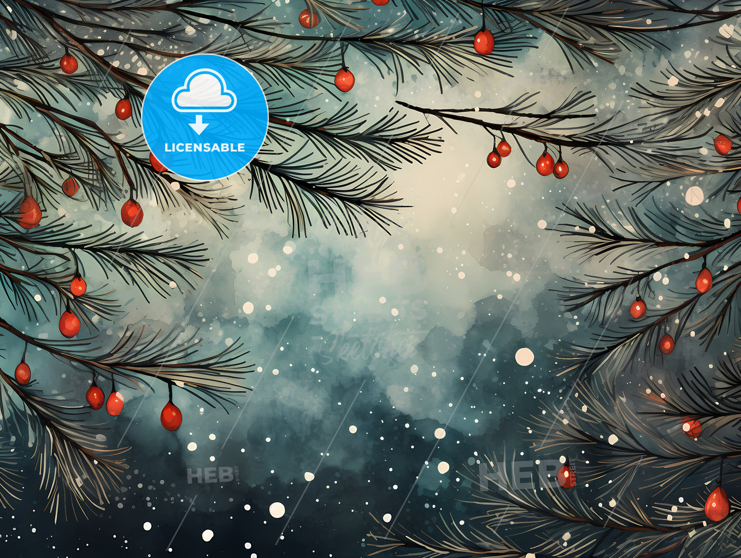 Holiday Greetings Card - A Tree Branches With Red Berries