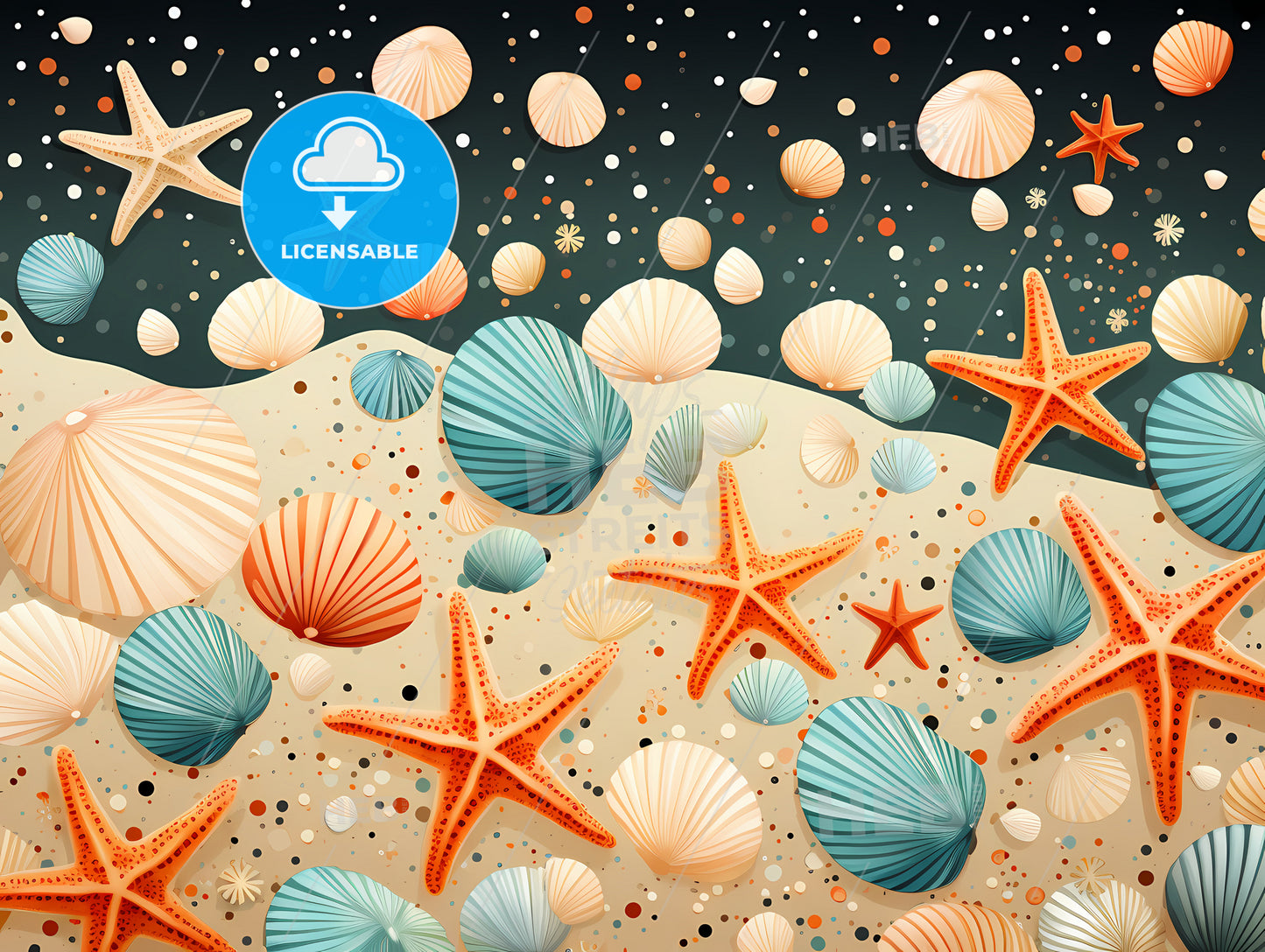 A Group Of Seashells And Starfish On A Beach