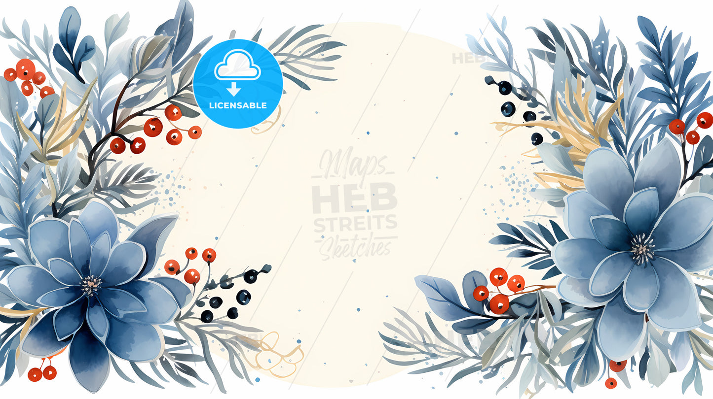 Greetings Card - A Frame Of Blue Leaves And Berries