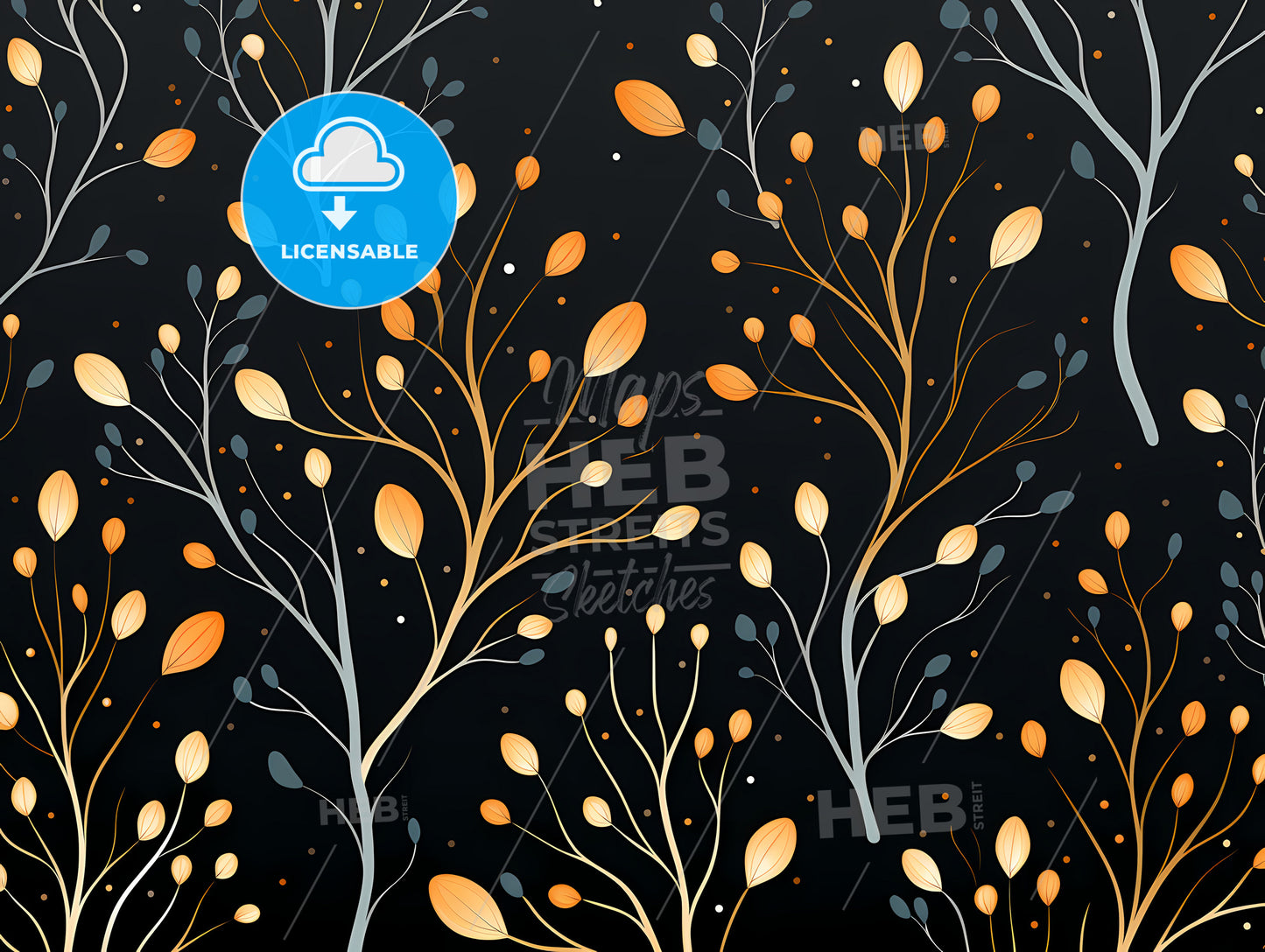 Greetings Card - A Black Background With Orange And Grey Leaves