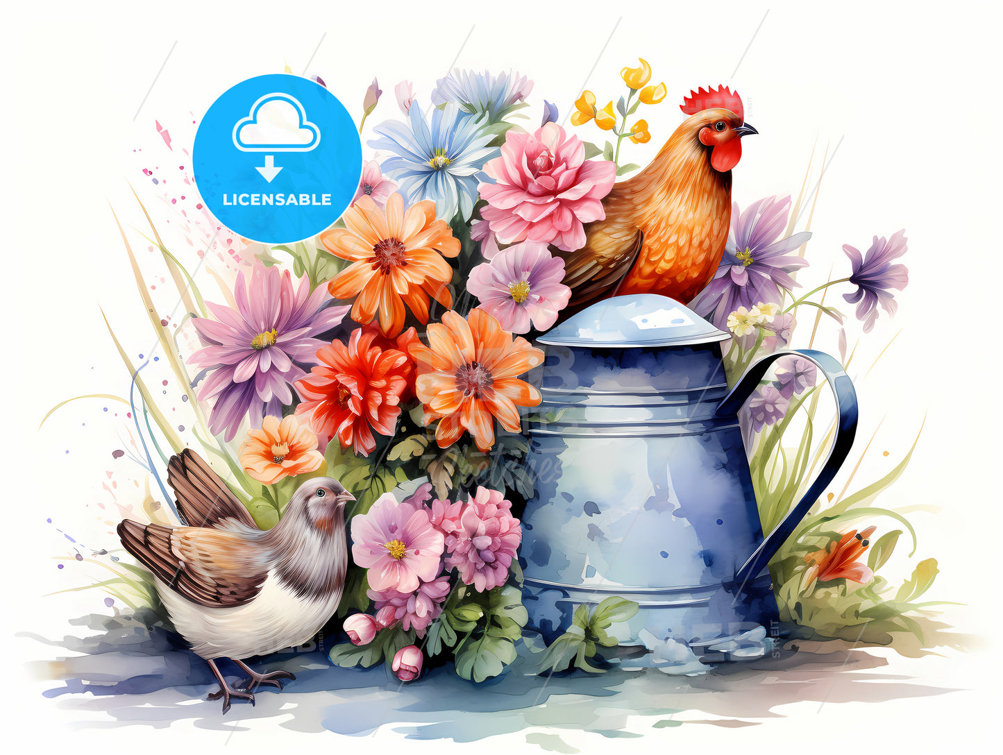 A Watercolor Of A Watering Can And Birds
