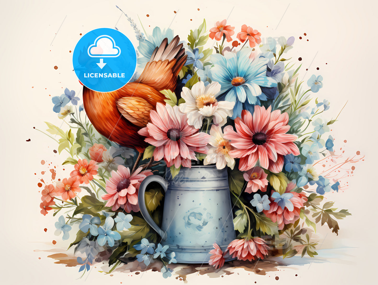 A Rooster Sitting In A Vase Of Flowers