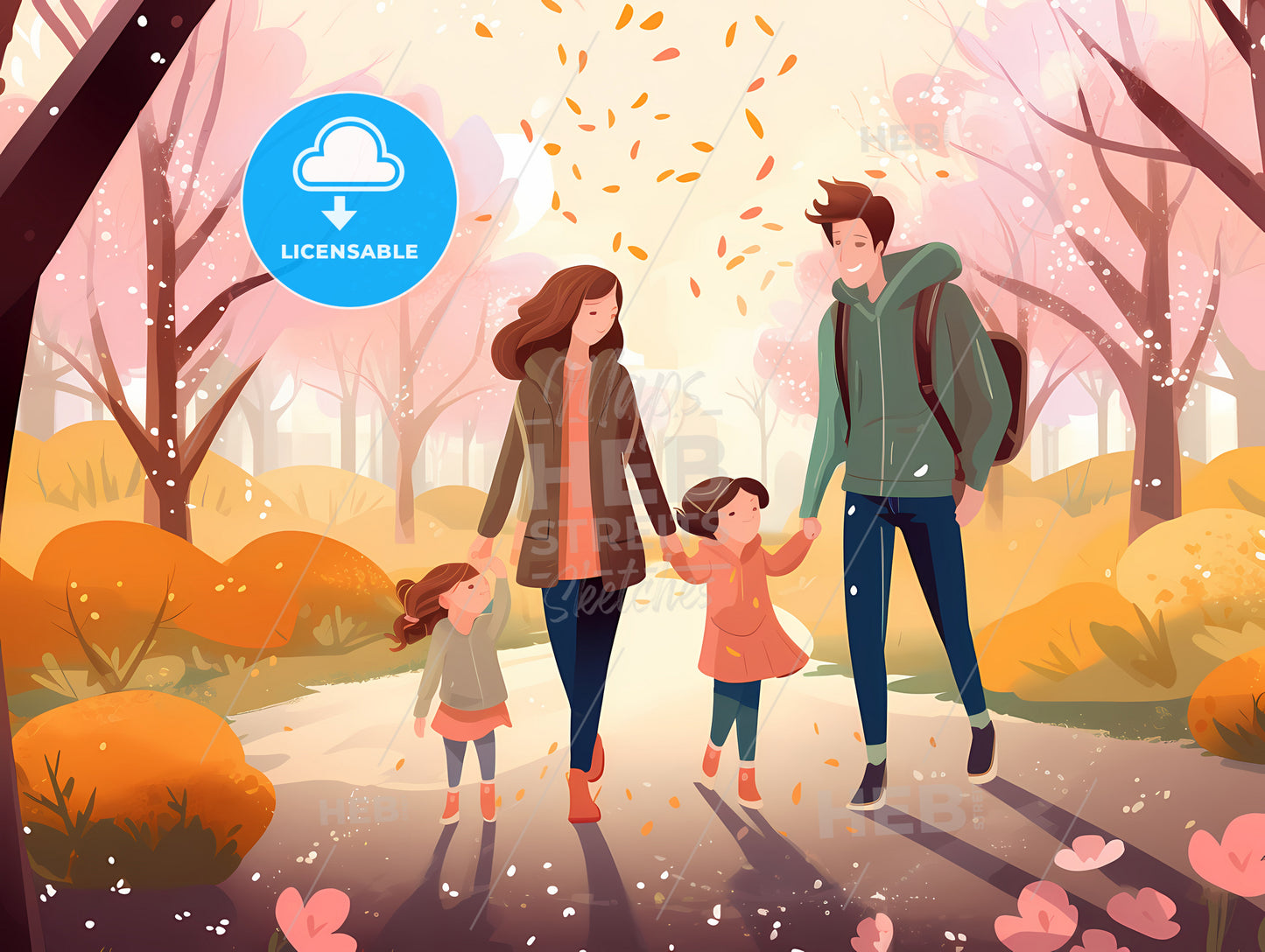 A Man And Woman Walking With Two Children