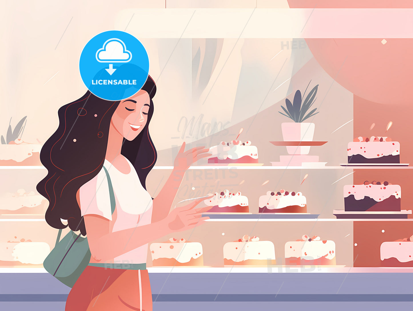 A Woman Standing In Front Of A Display Case With Cakes