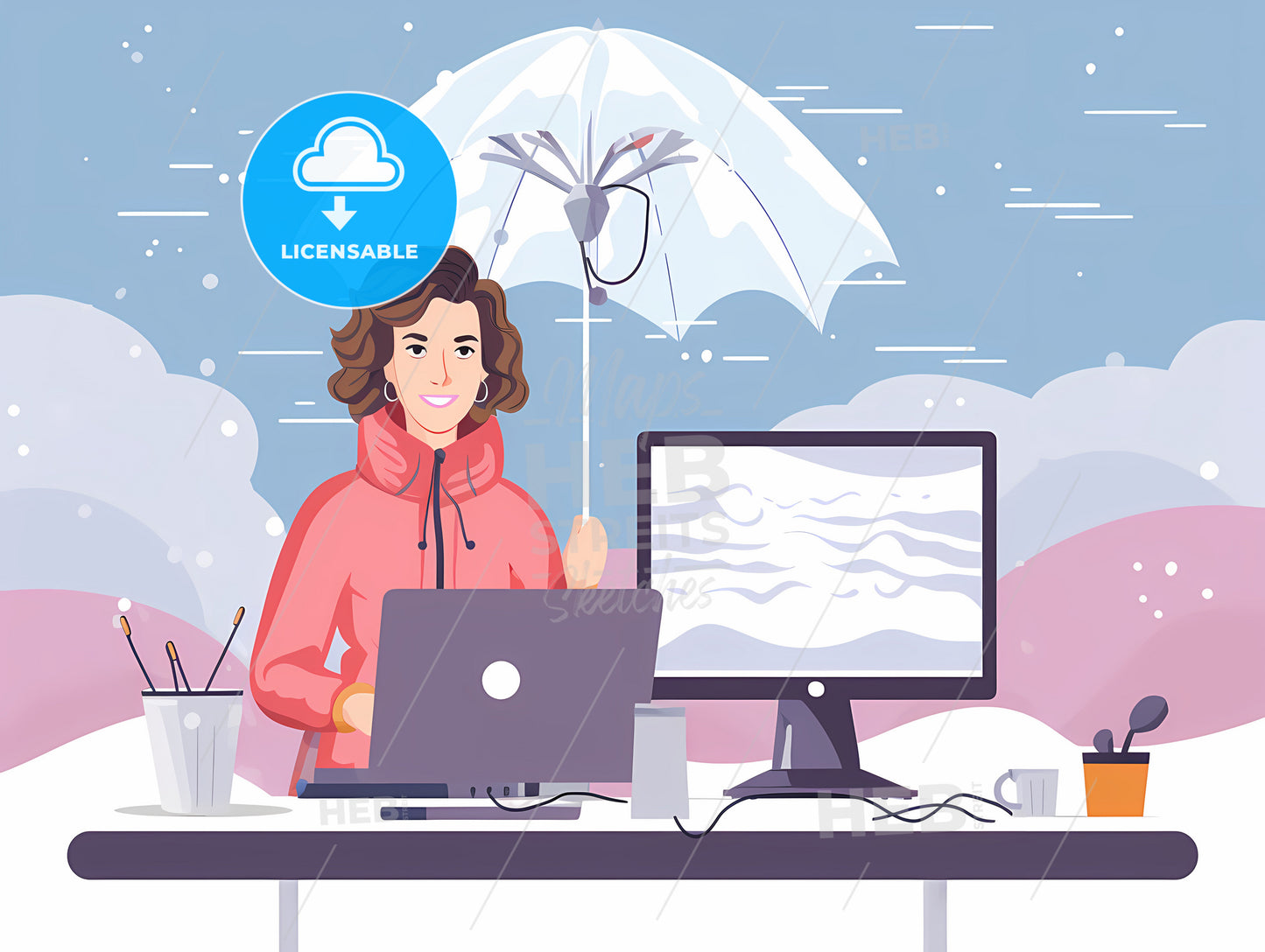 Dracula - A Woman Sitting At A Desk With A Computer And An Umbrella