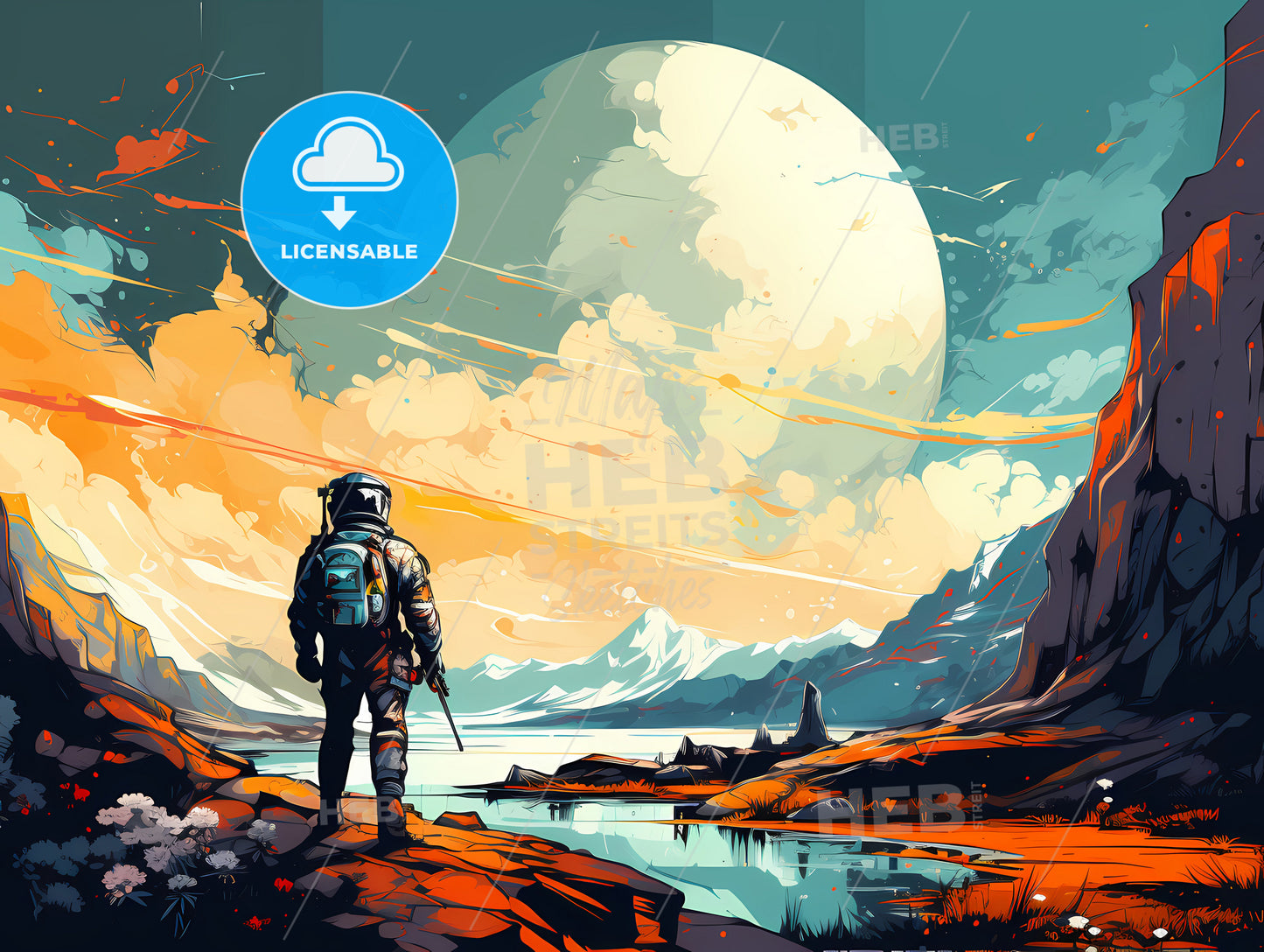 A Man Standing On A Rocky Surface Looking At A Large Moon