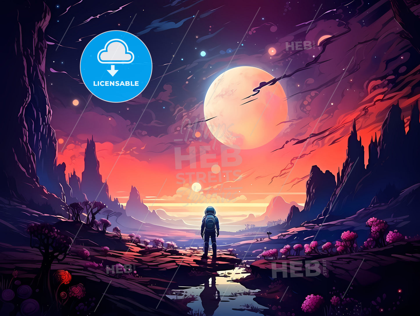 A Person Standing In A Valley With A Moon In The Sky