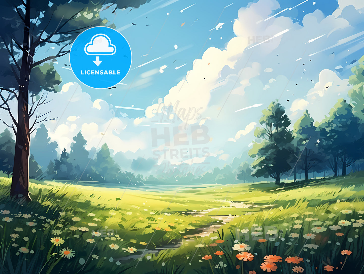 A Field Of Flowers And Trees