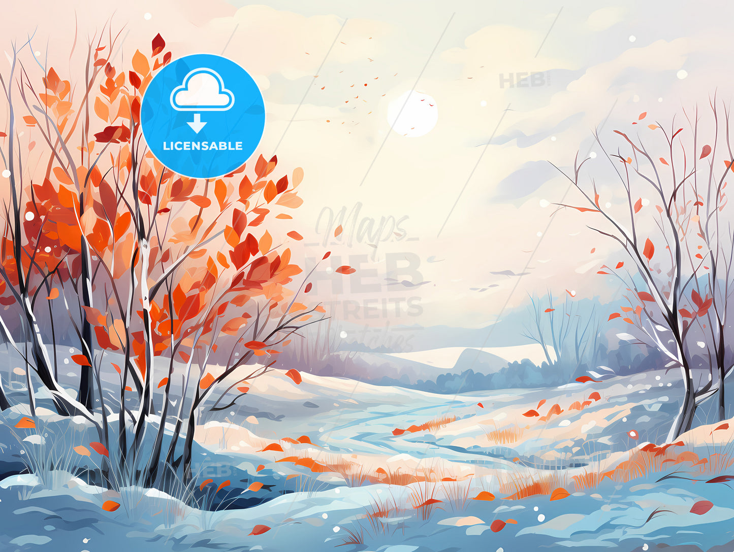 A Painting Of A Snowy Landscape With Trees And Snow