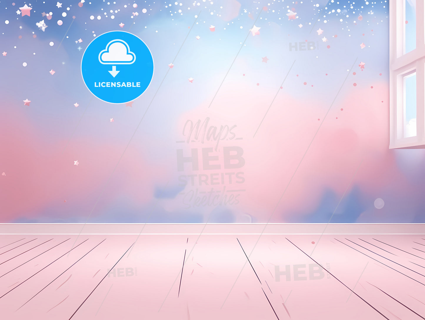 A Pink And Blue Room With Pink Clouds And Stars