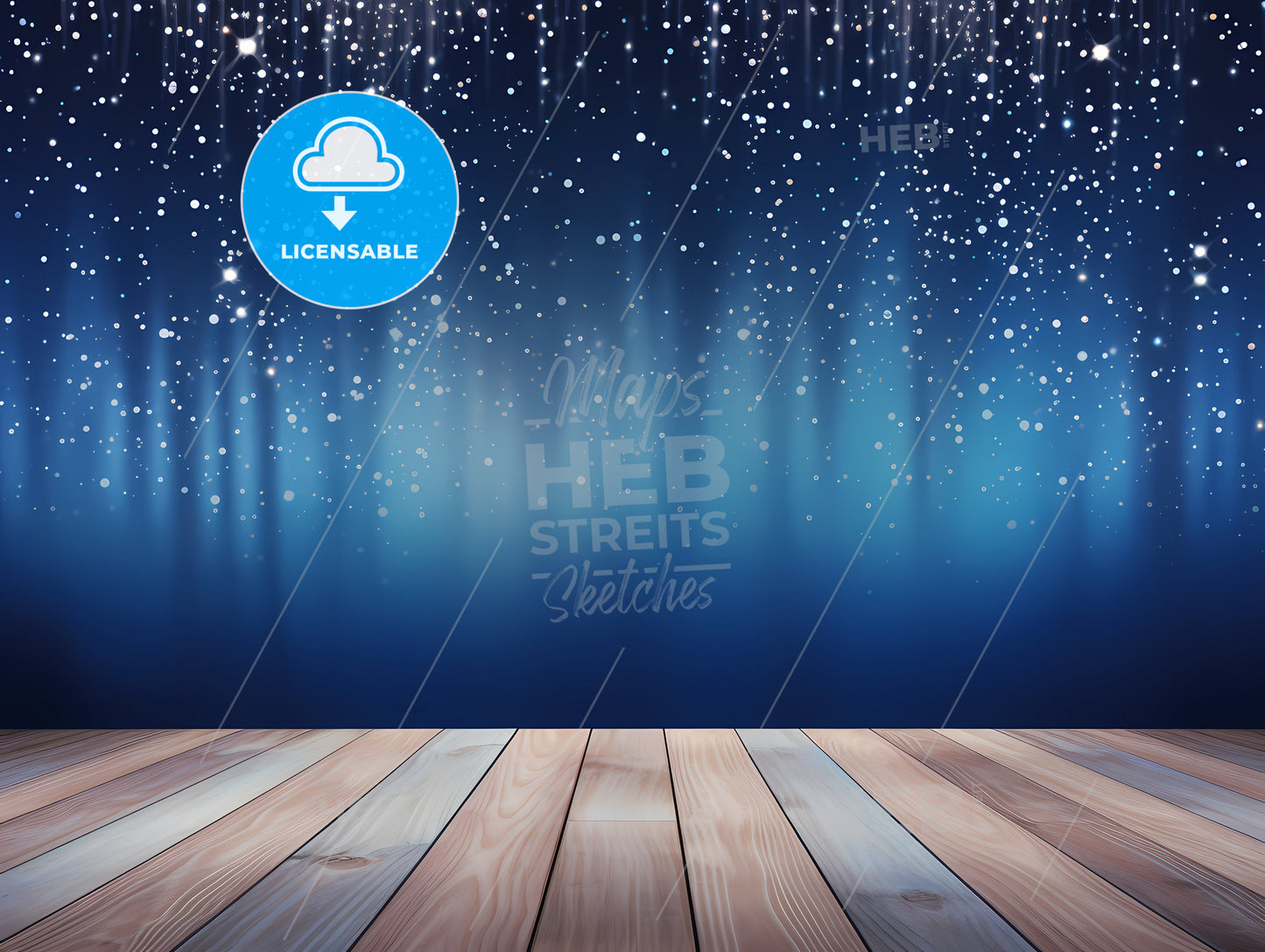 A Wooden Floor With A Blue Background And White Lights