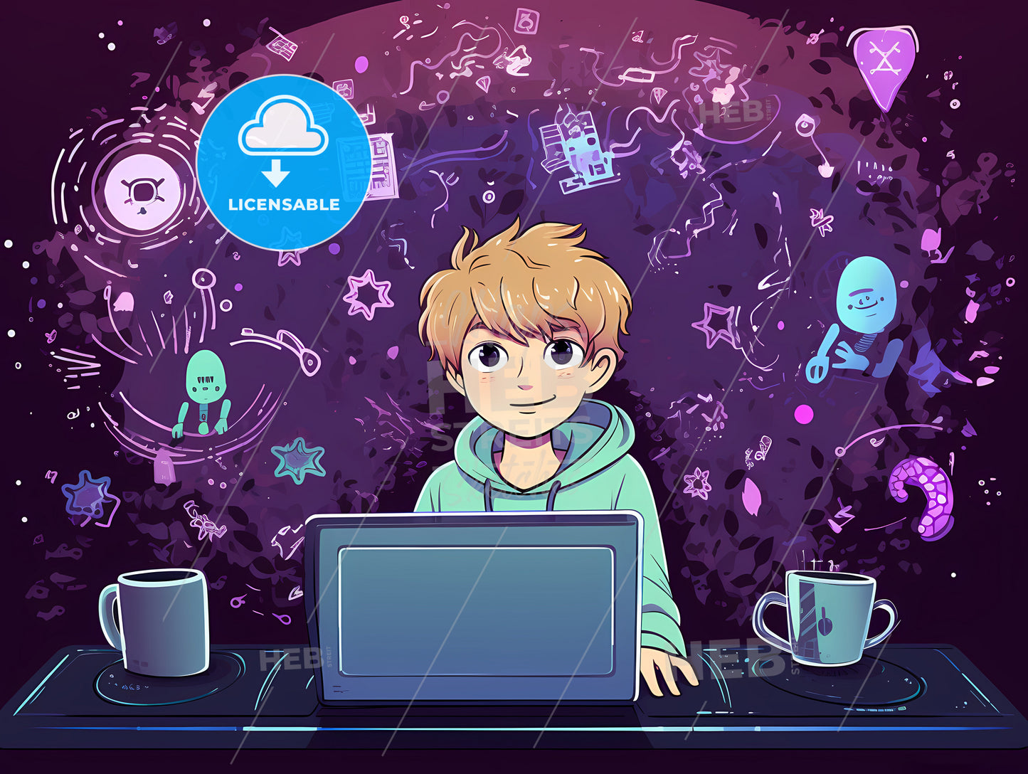 A Cartoon Of A Boy Sitting At A Computer