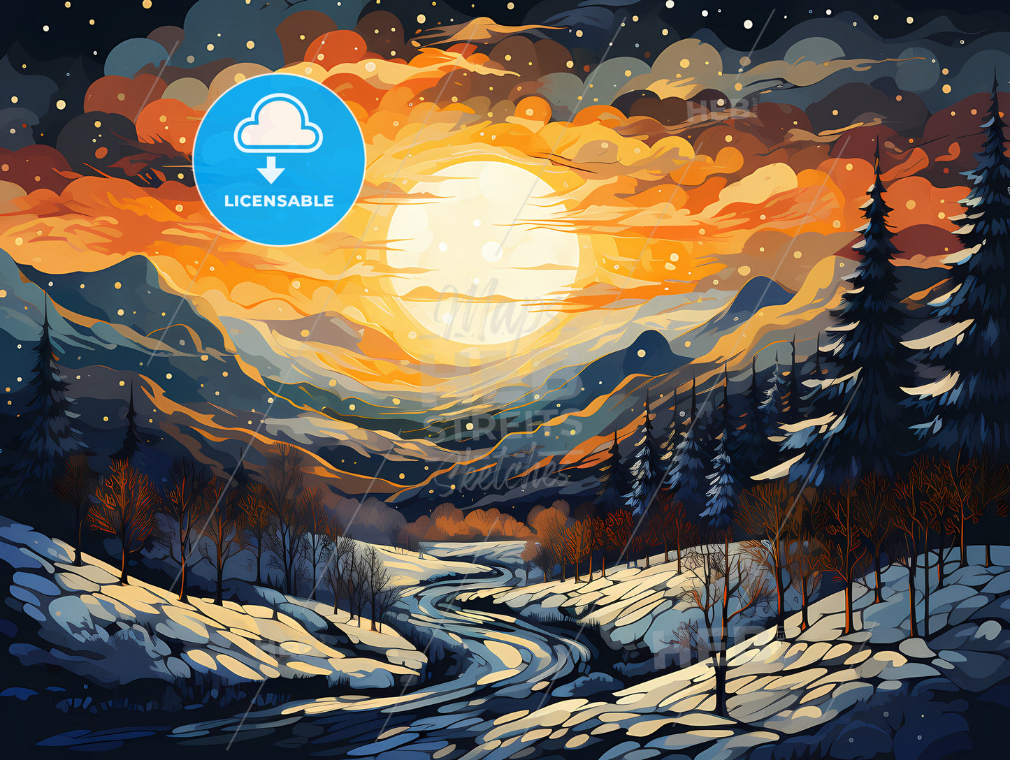 A Painting Of A Snowy Landscape With A River And Trees