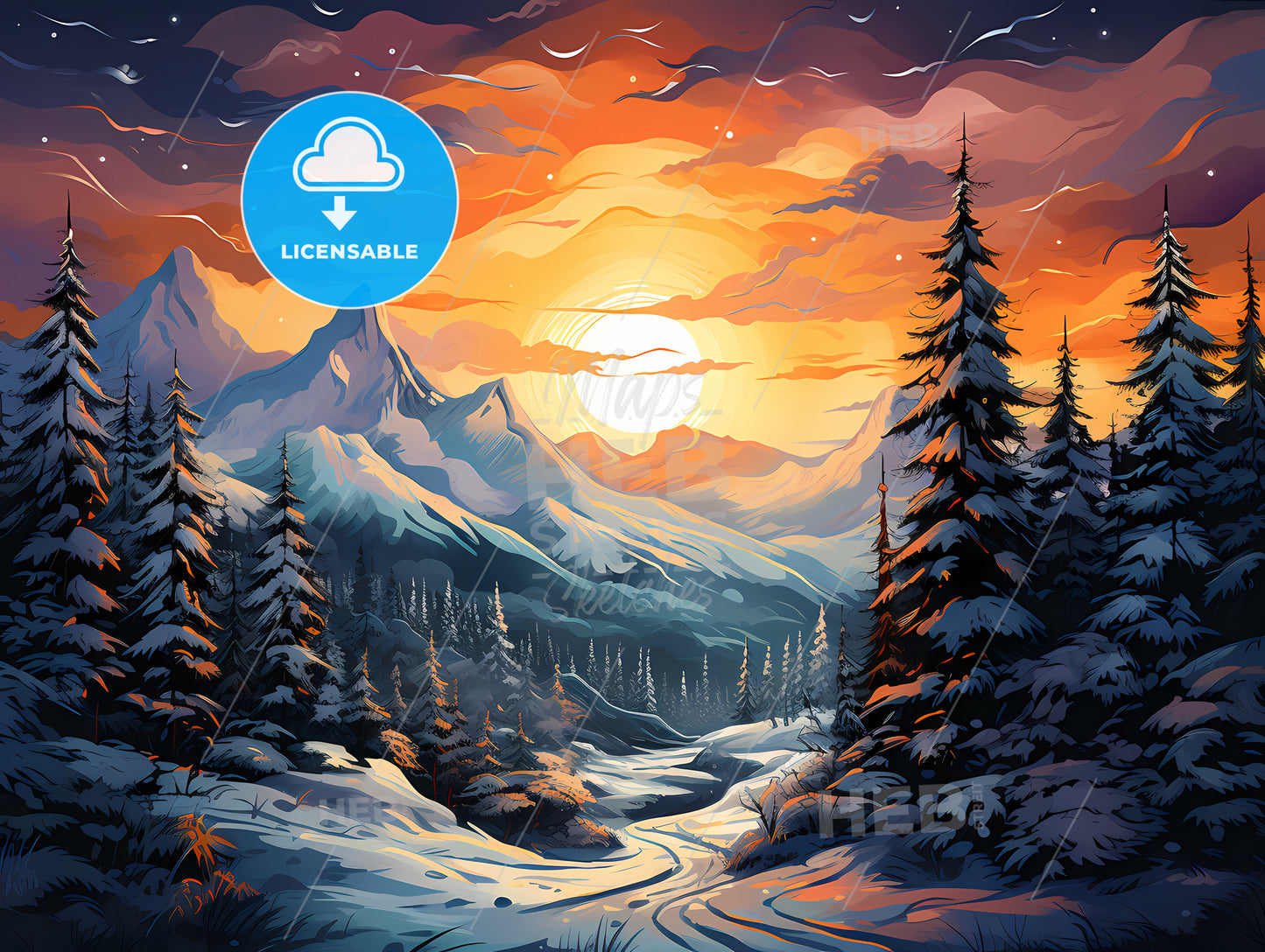 A Snowy Mountain Landscape With Trees And Mountains