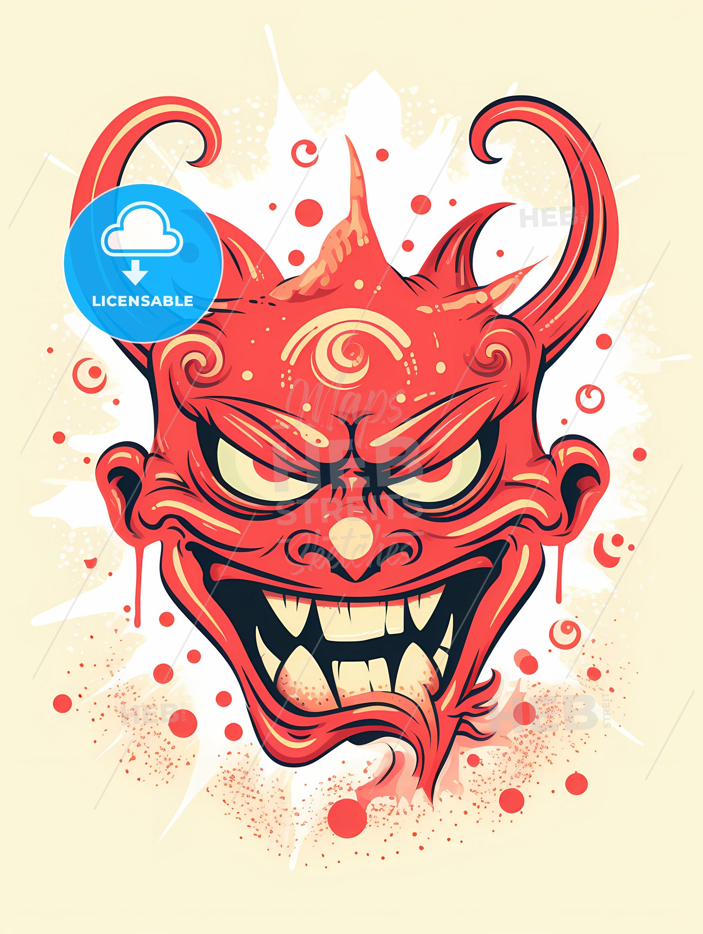 A Red Cartoon Face With Horns And Sharp Teeth