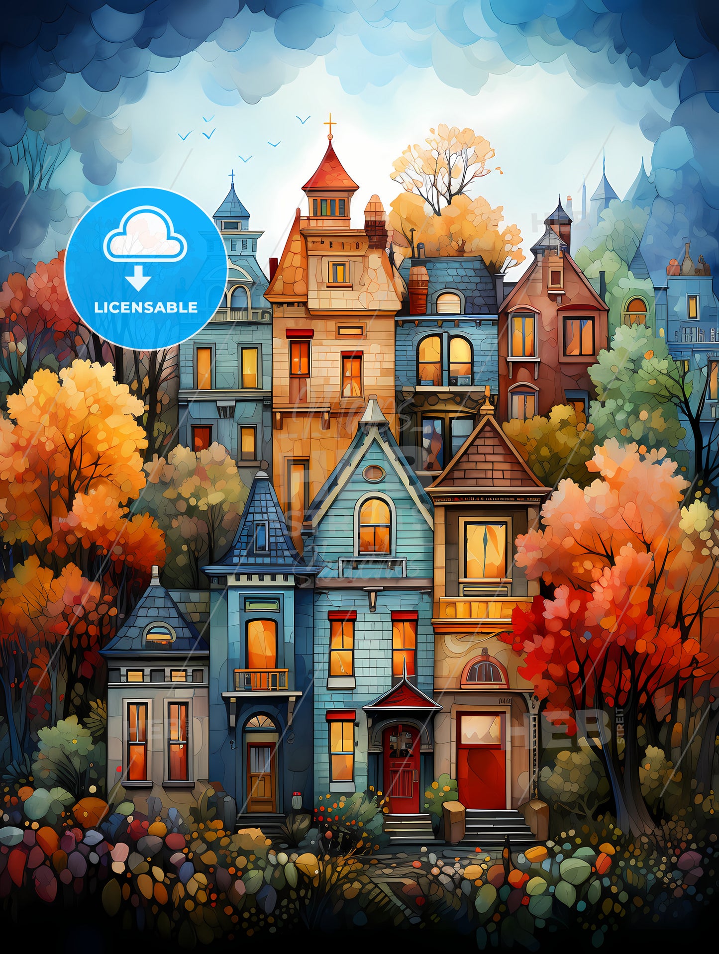 A Colorful Houses With Trees And Blue Sky