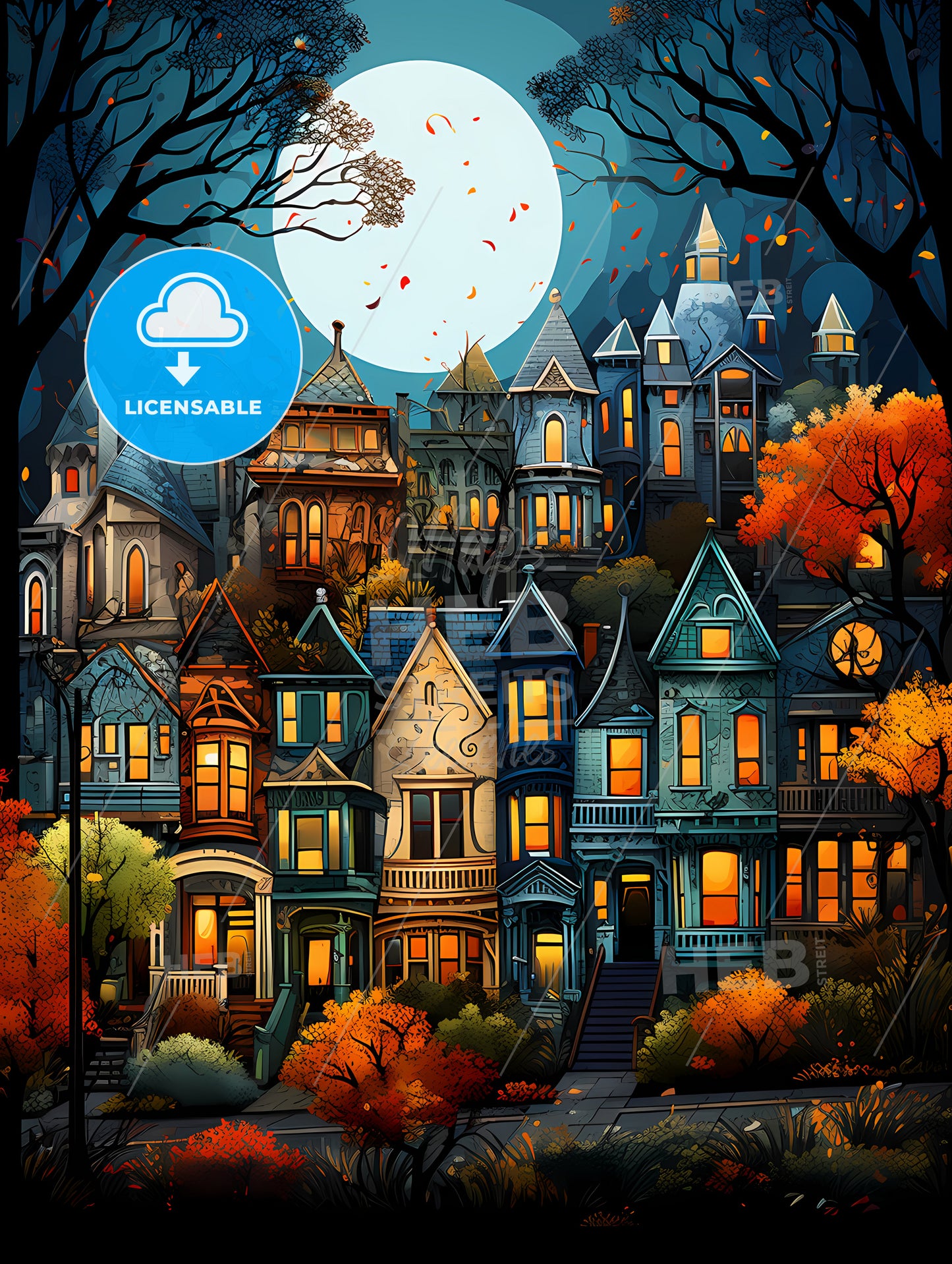 A Painting Of A Town In The Moonlight