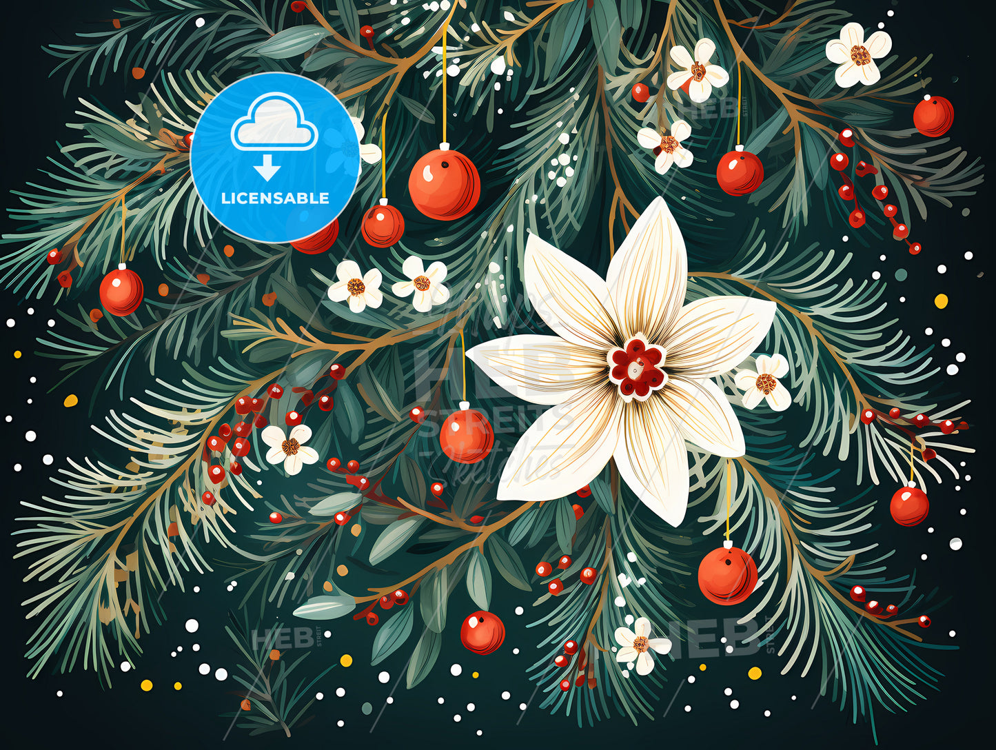 A White Flower With Red Berries And Pine Branches