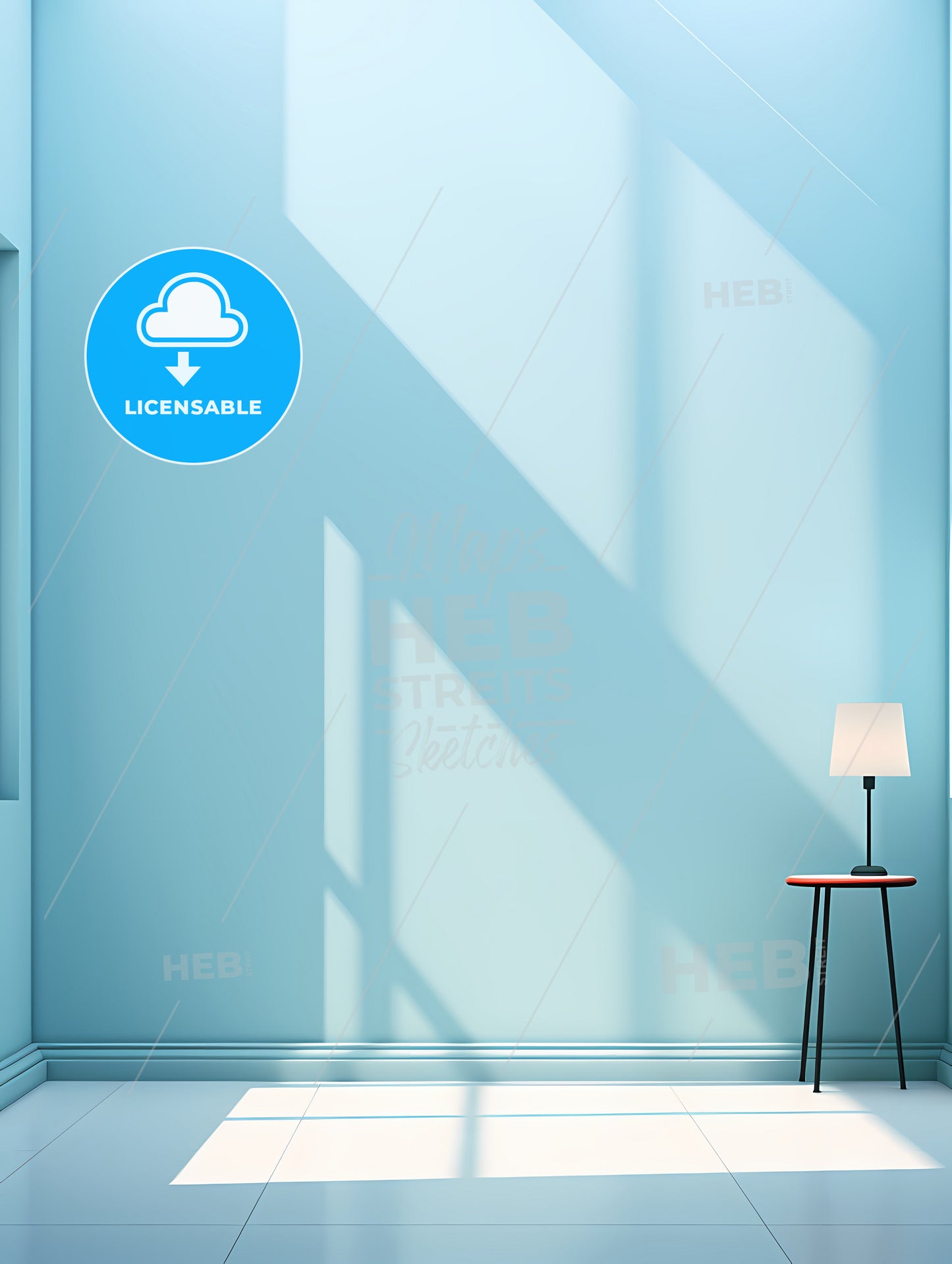 A Blue Wall With A Table And A Lamp