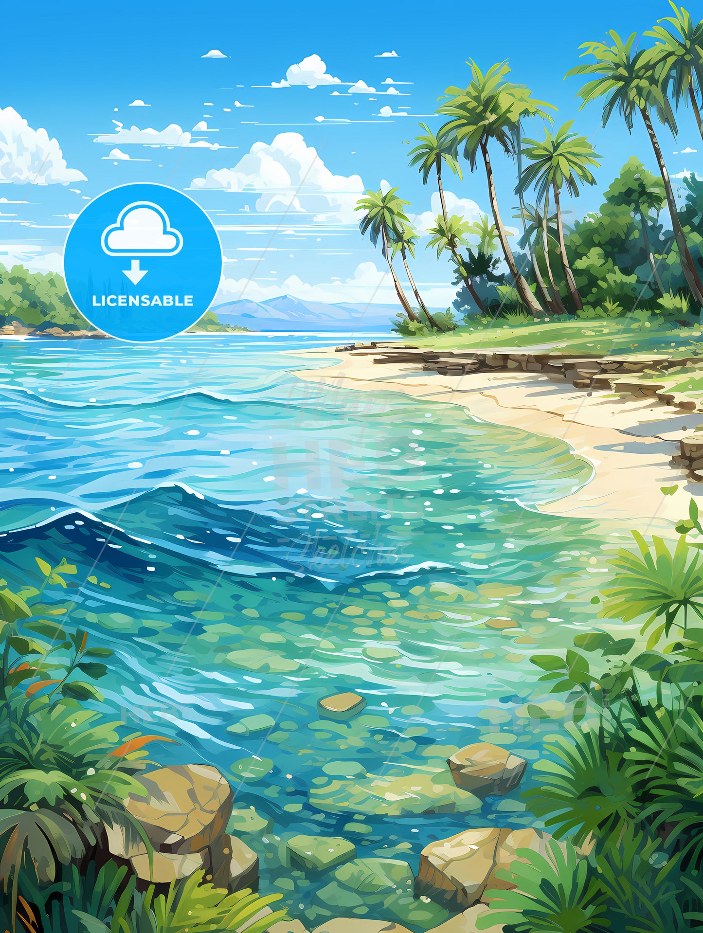 A Beach With Palm Trees And A Sandy Beach