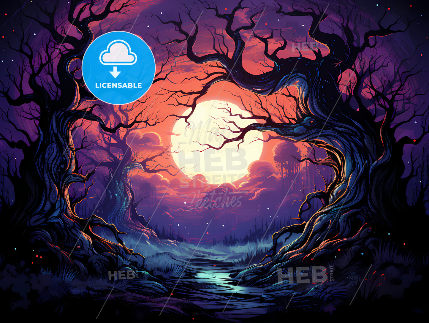 A Colorful Landscape With Trees And A Moon