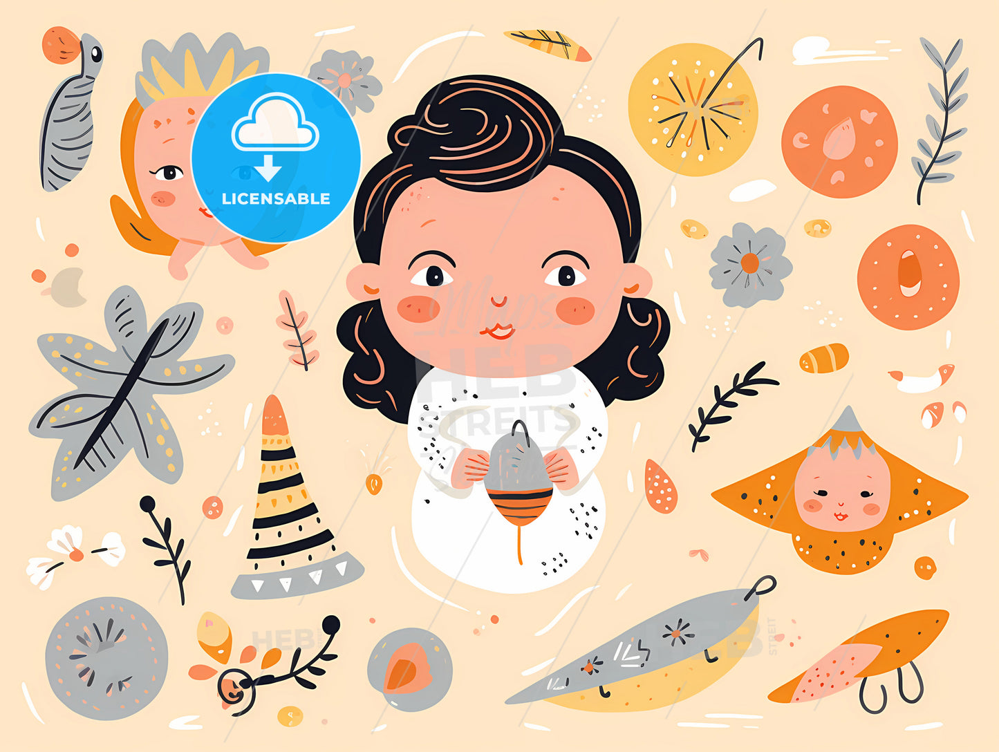 A Cartoon Of A Girl With Different Objects