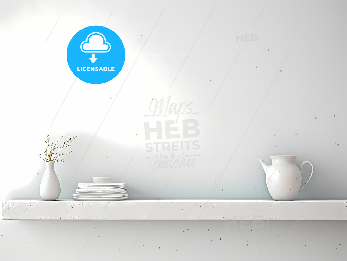 A White Shelf With Plates And Vases On It