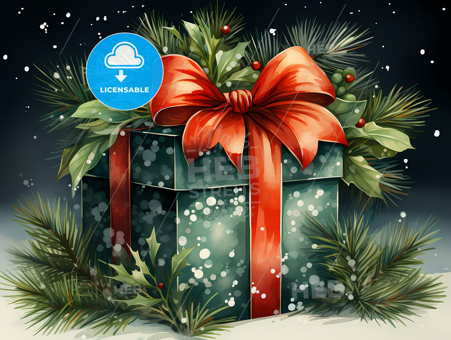 A Gift Box With A Red Bow And Green Leaves