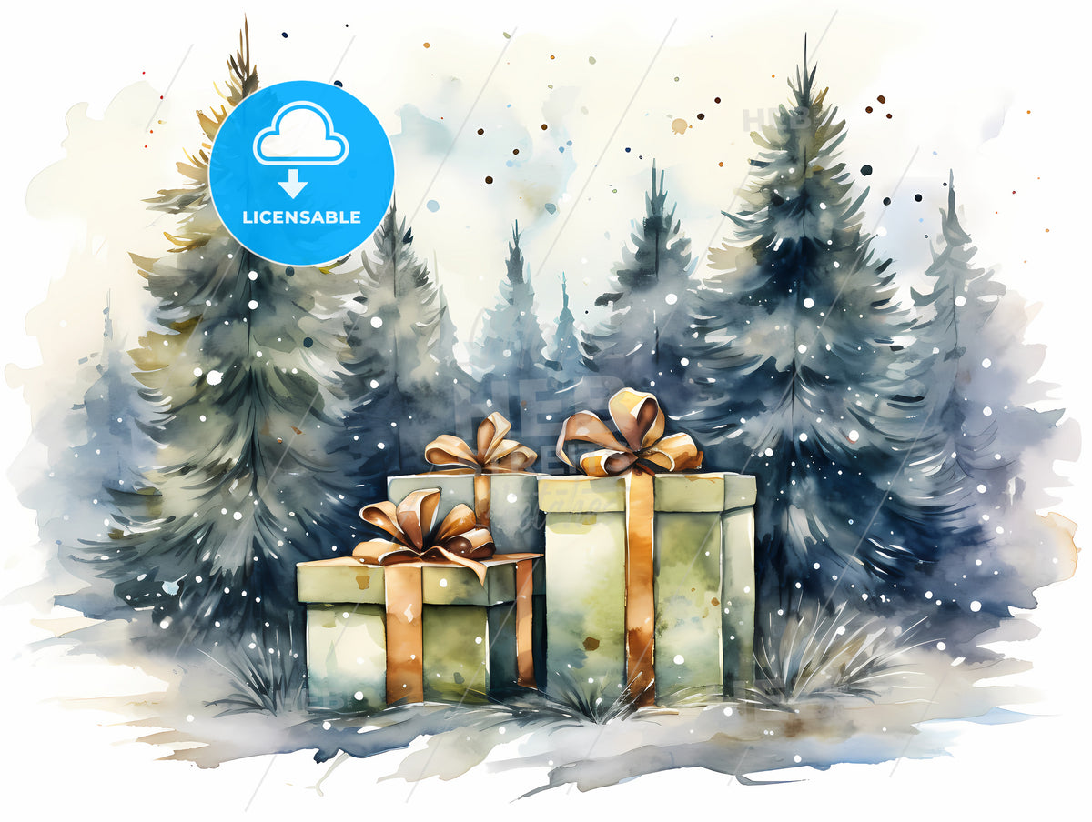 A Group Of Presents In A Snowy Forest