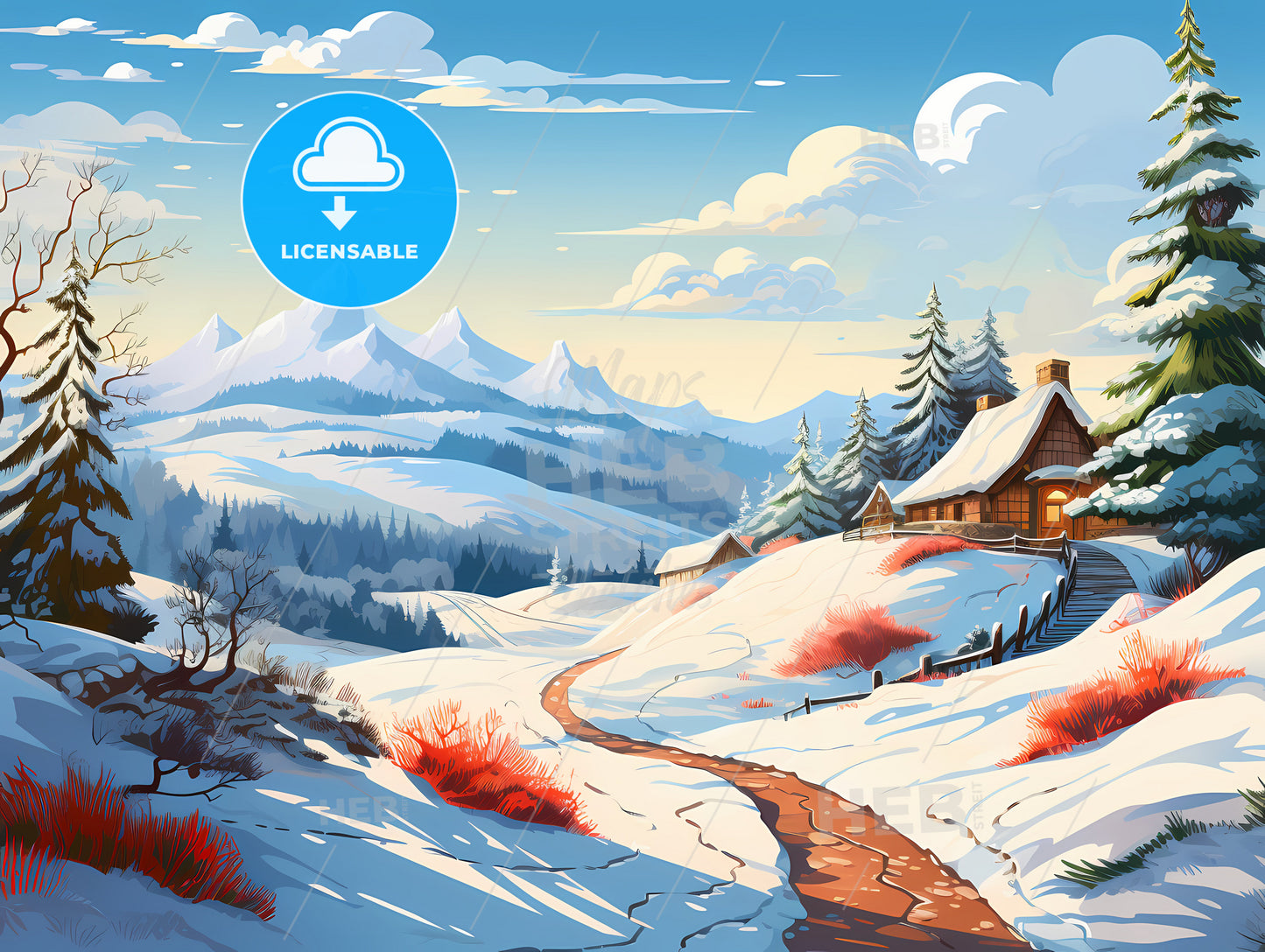 A Snowy Landscape With A House And Mountains