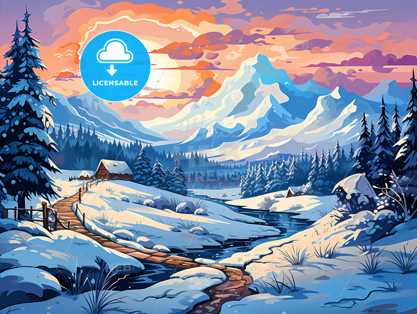 A Snowy Landscape With A River And A House