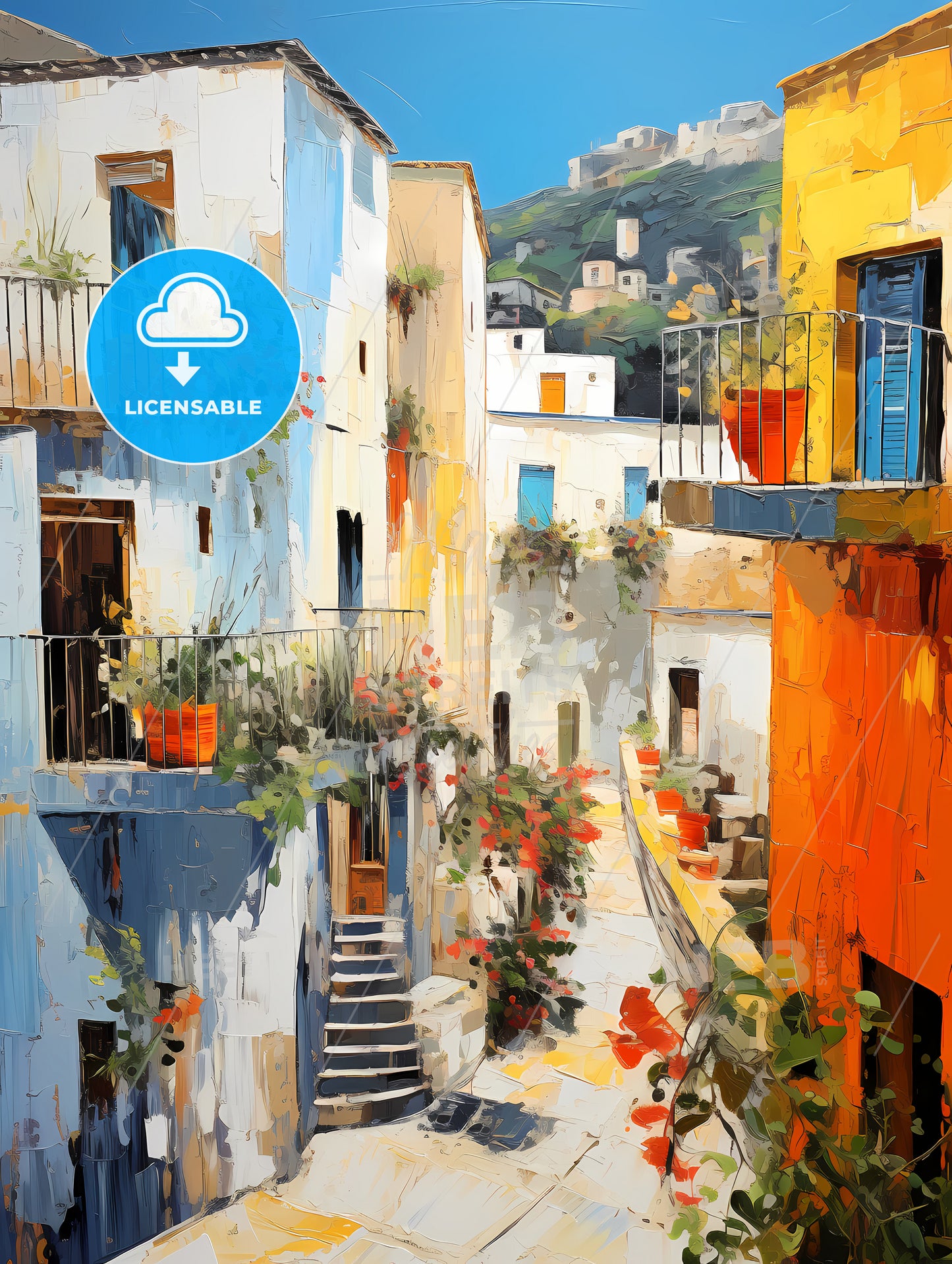 A Painting Of A Courtyard With Colorful Buildings