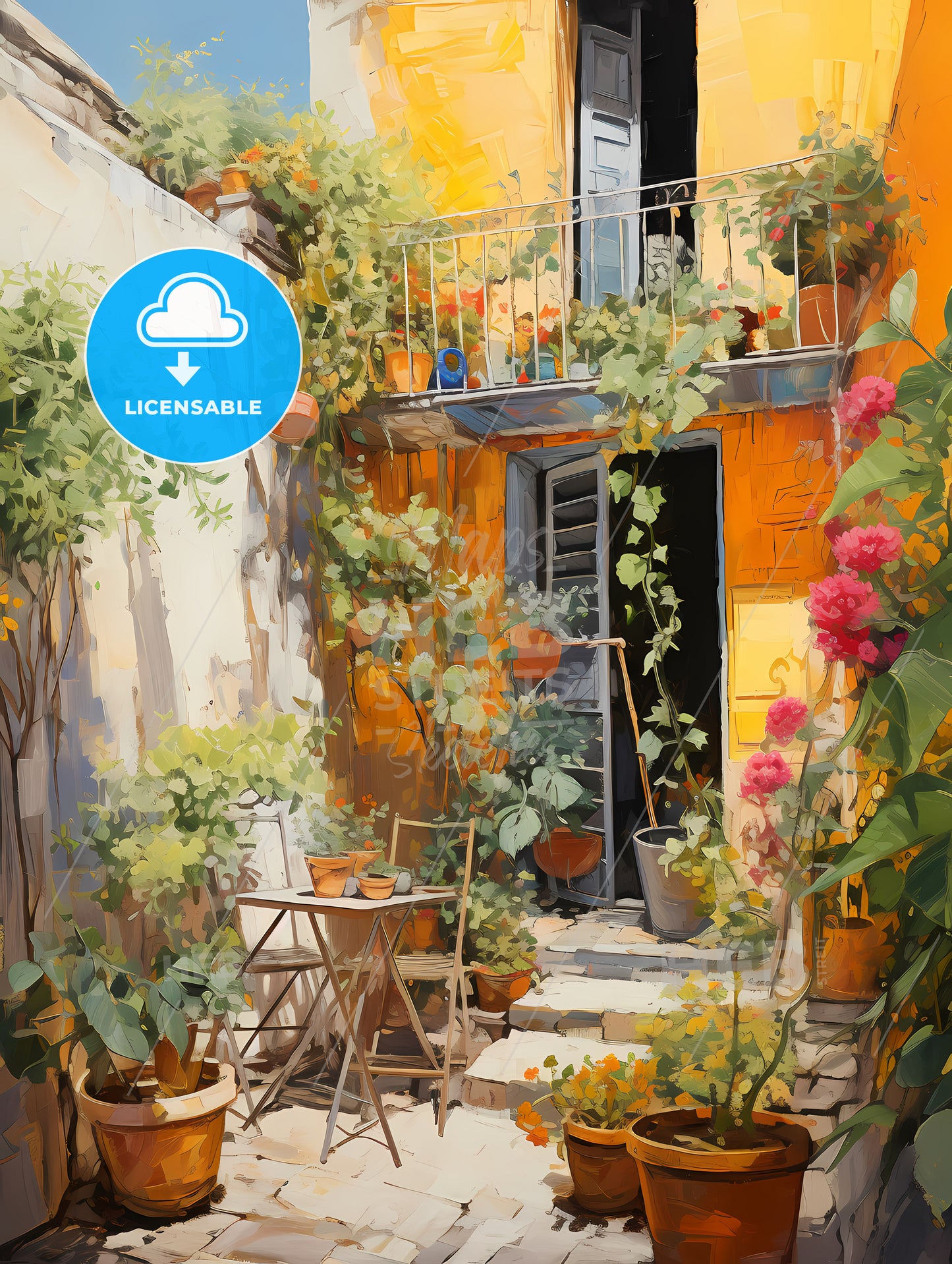 A Painting Of A House With Plants And A Balcony