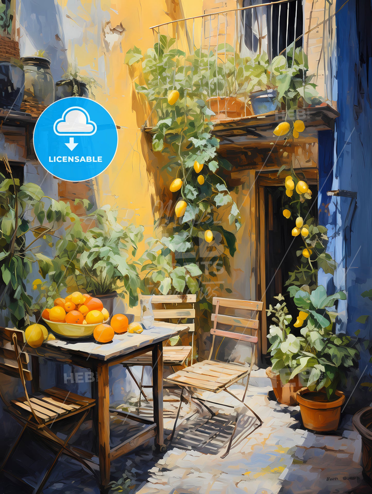 A Table And Chairs In A Courtyard With Fruit