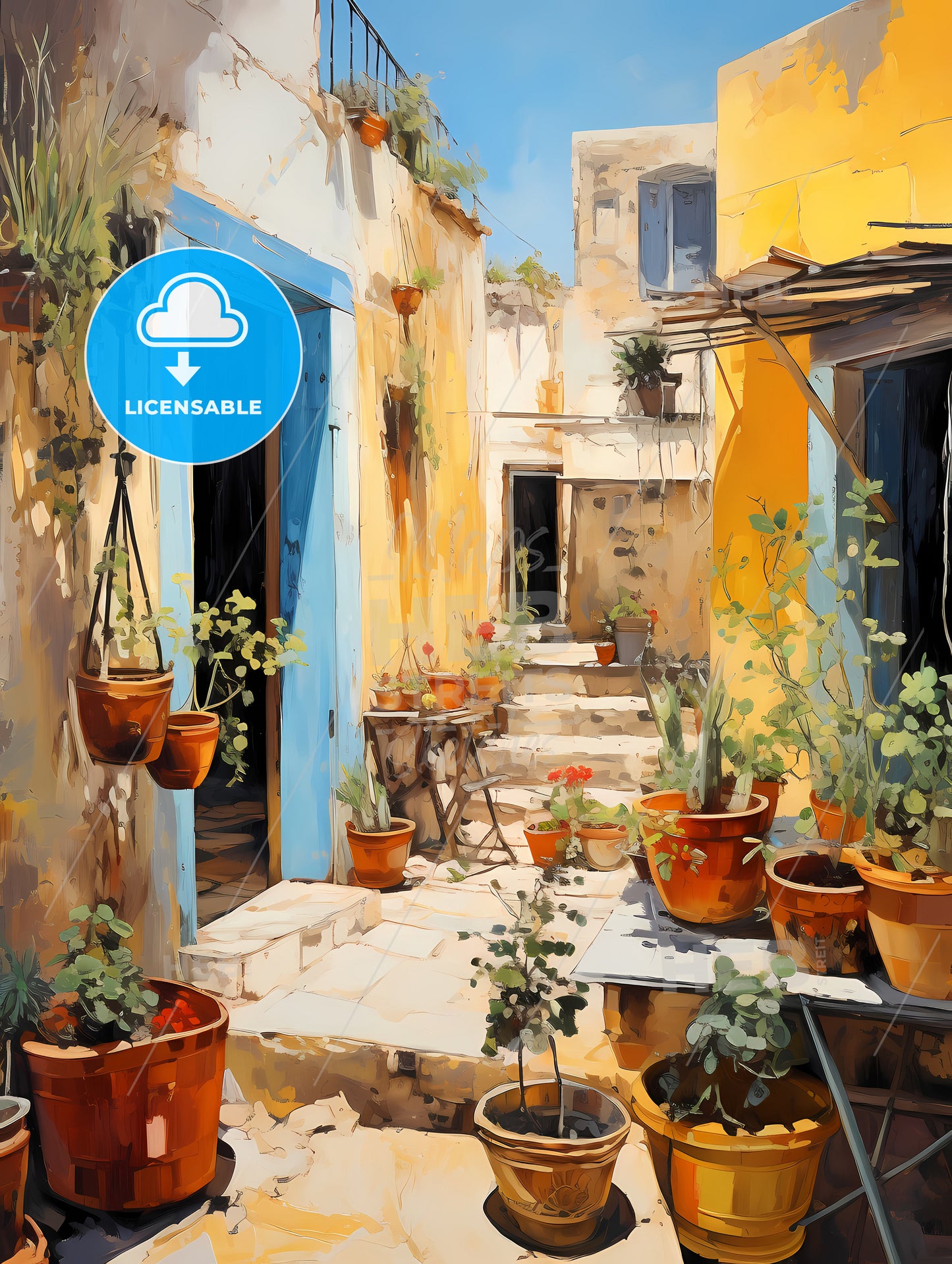 A Courtyard With Pots Of Plants