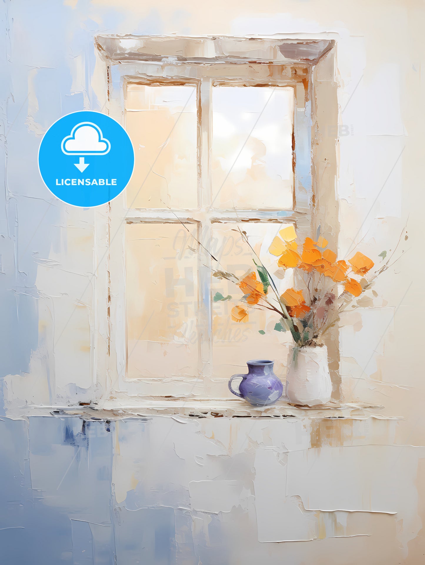 A Painting Of A Vase Of Flowers On A Window Sill