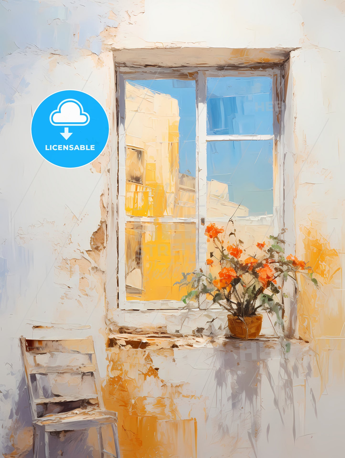 A Painting Of A Flower Pot On A Window Sill