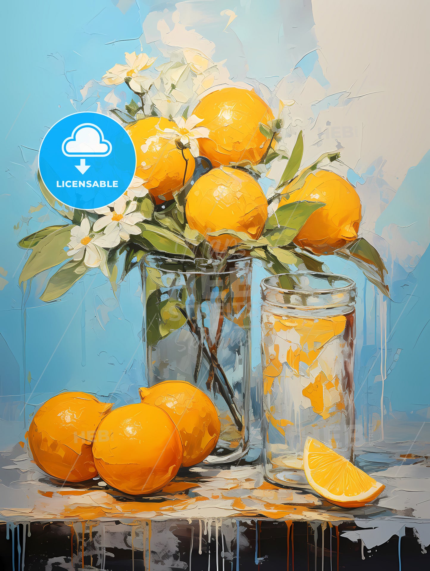 A Glass Vase With Oranges And Flowers