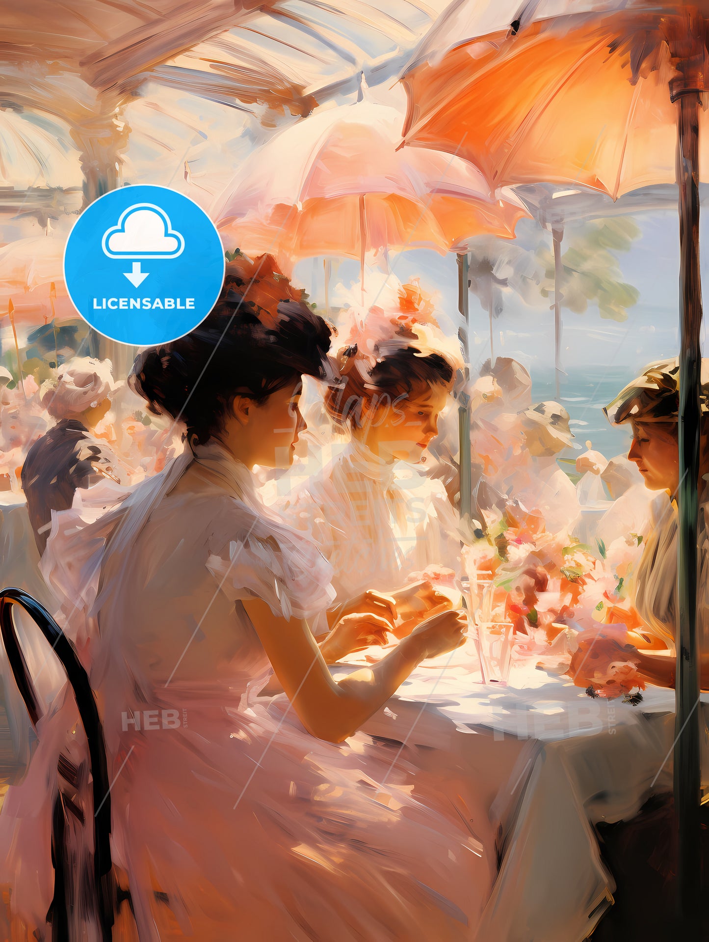 A Group Of Women Sitting At A Table With Umbrellas