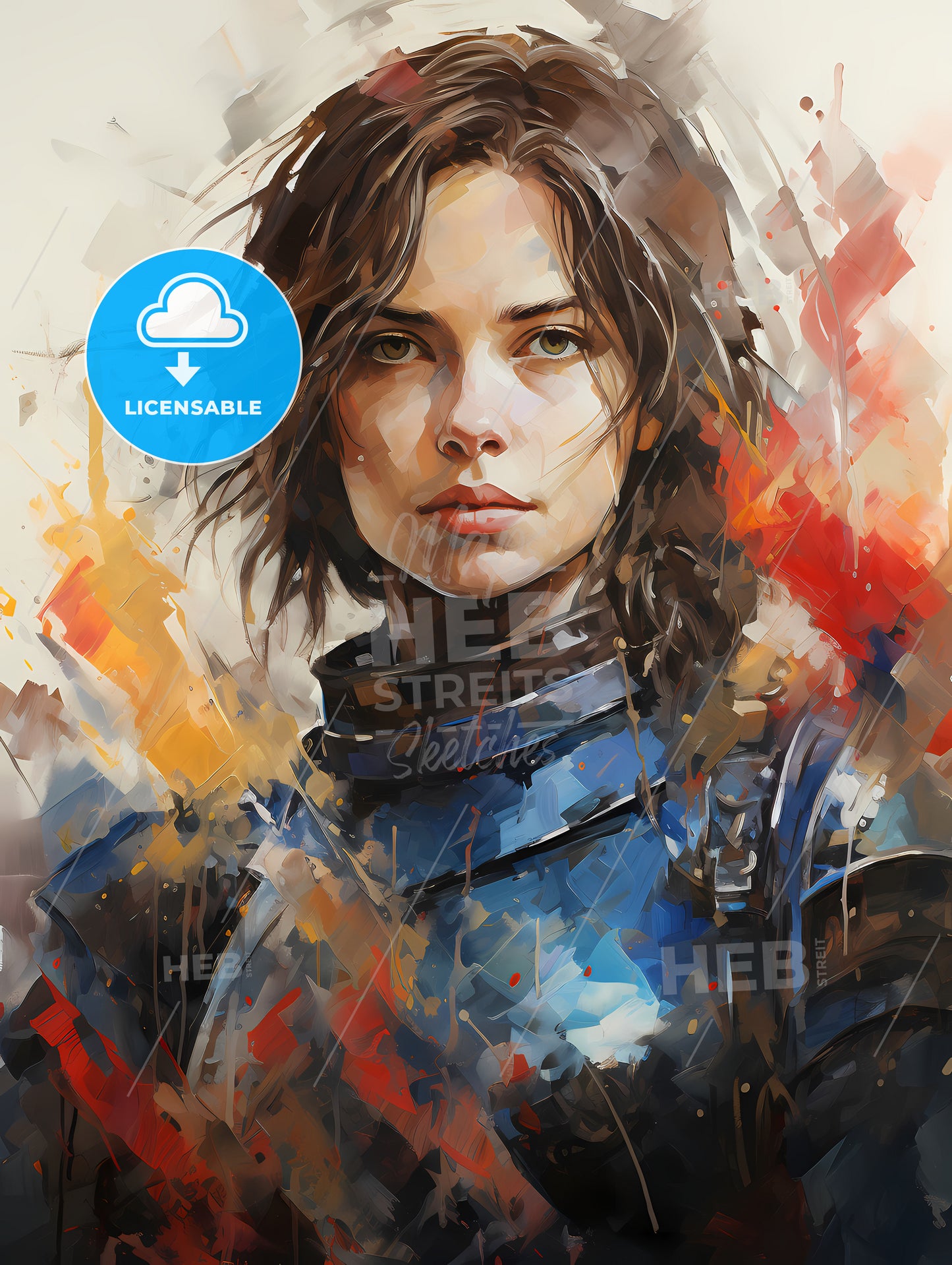 Joan Of Arc - A Woman In Armor With A Red And Blue Background