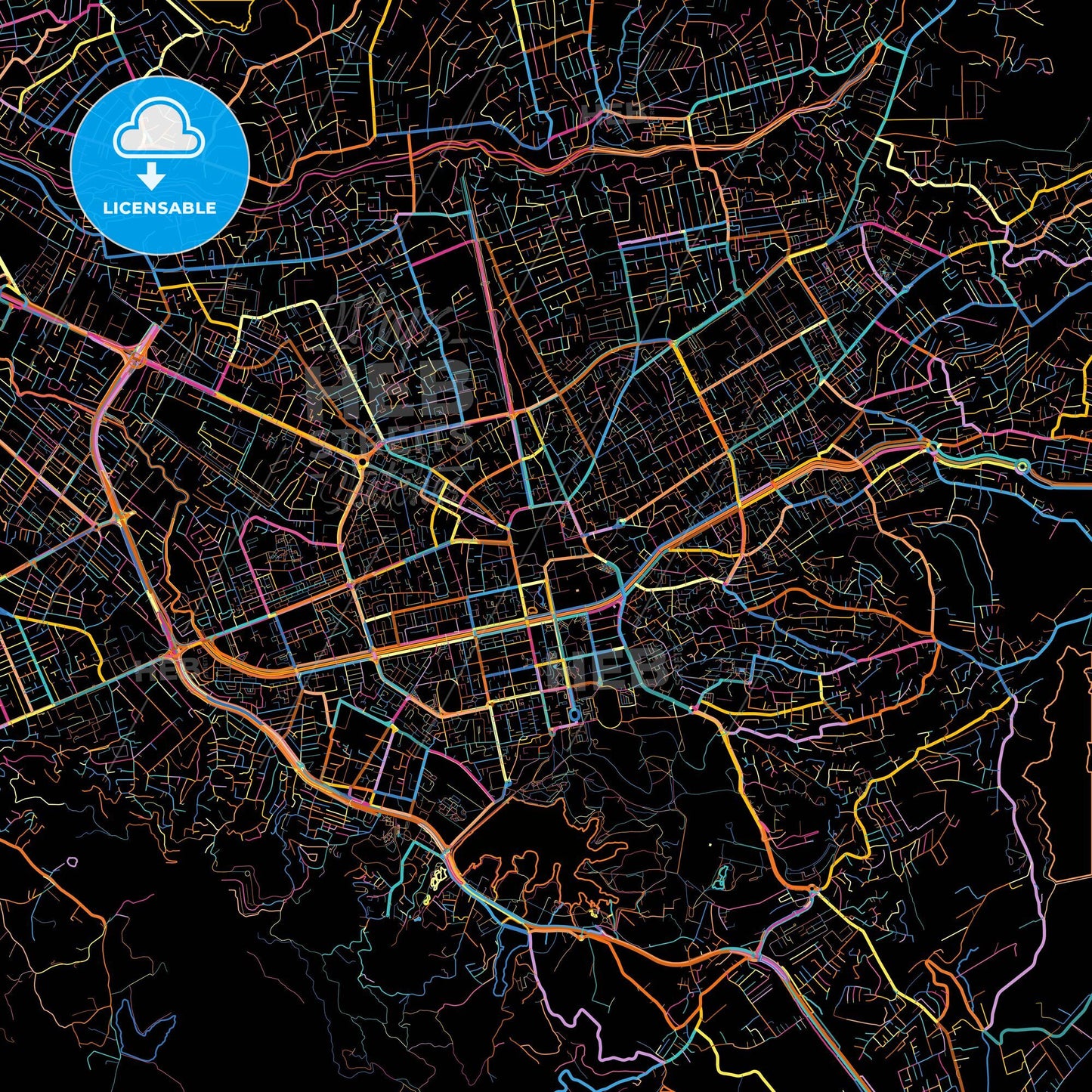 Tirana, Albania, colorful city map on black background