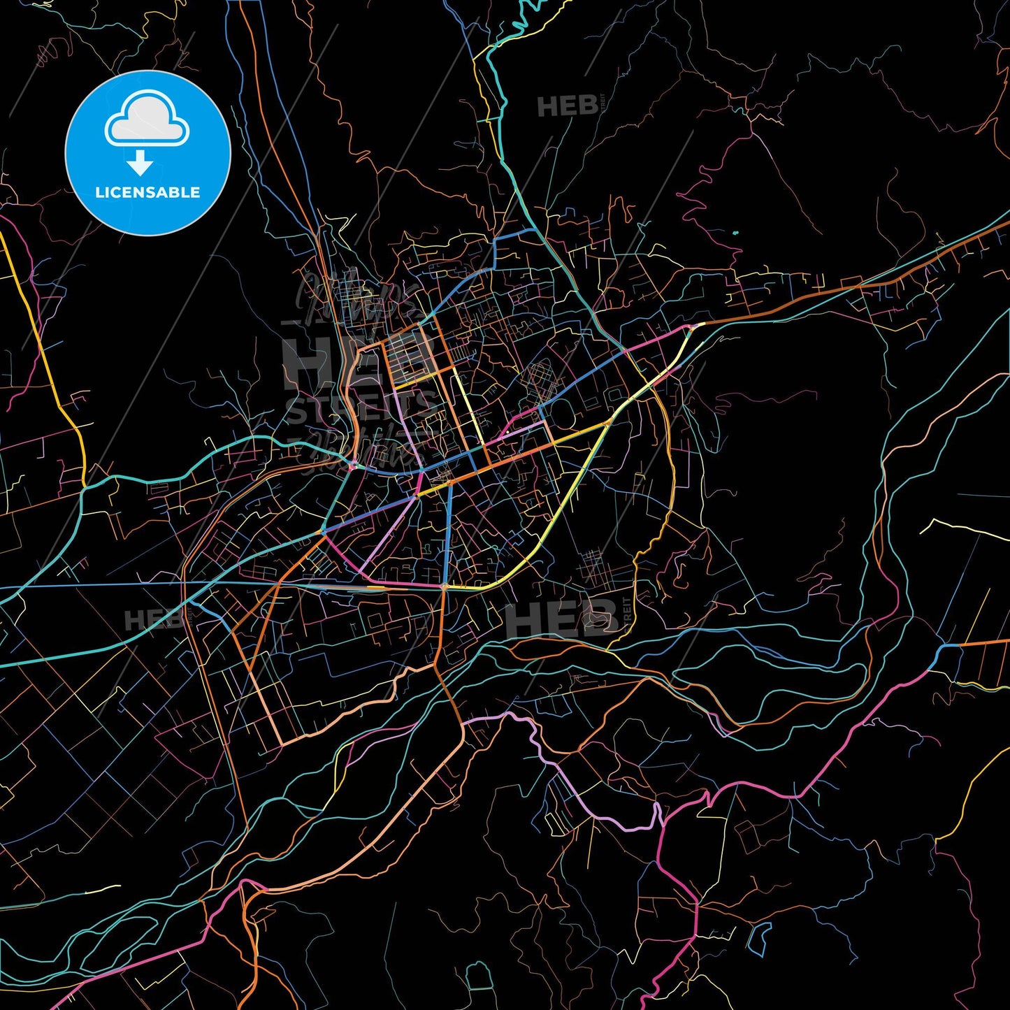 Elbasan, Albania, colorful city map on black background