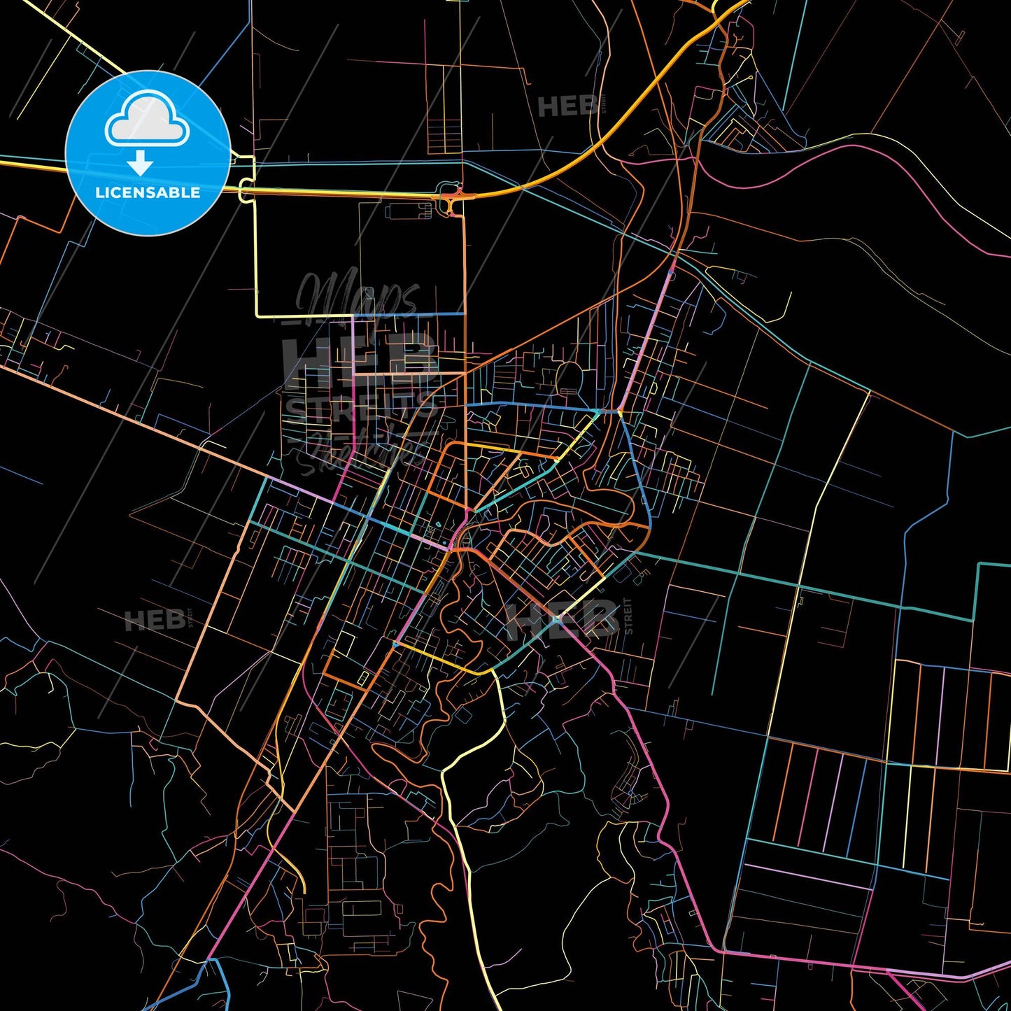 Fier, Albania, colorful city map on black background