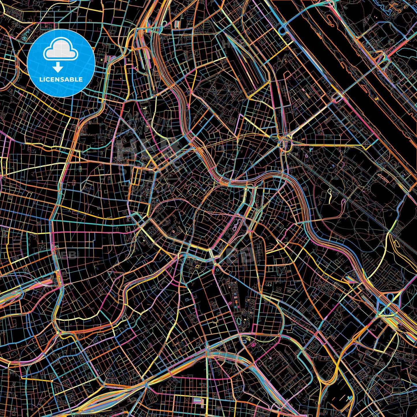 Vienna, Austria, colorful city map on black background