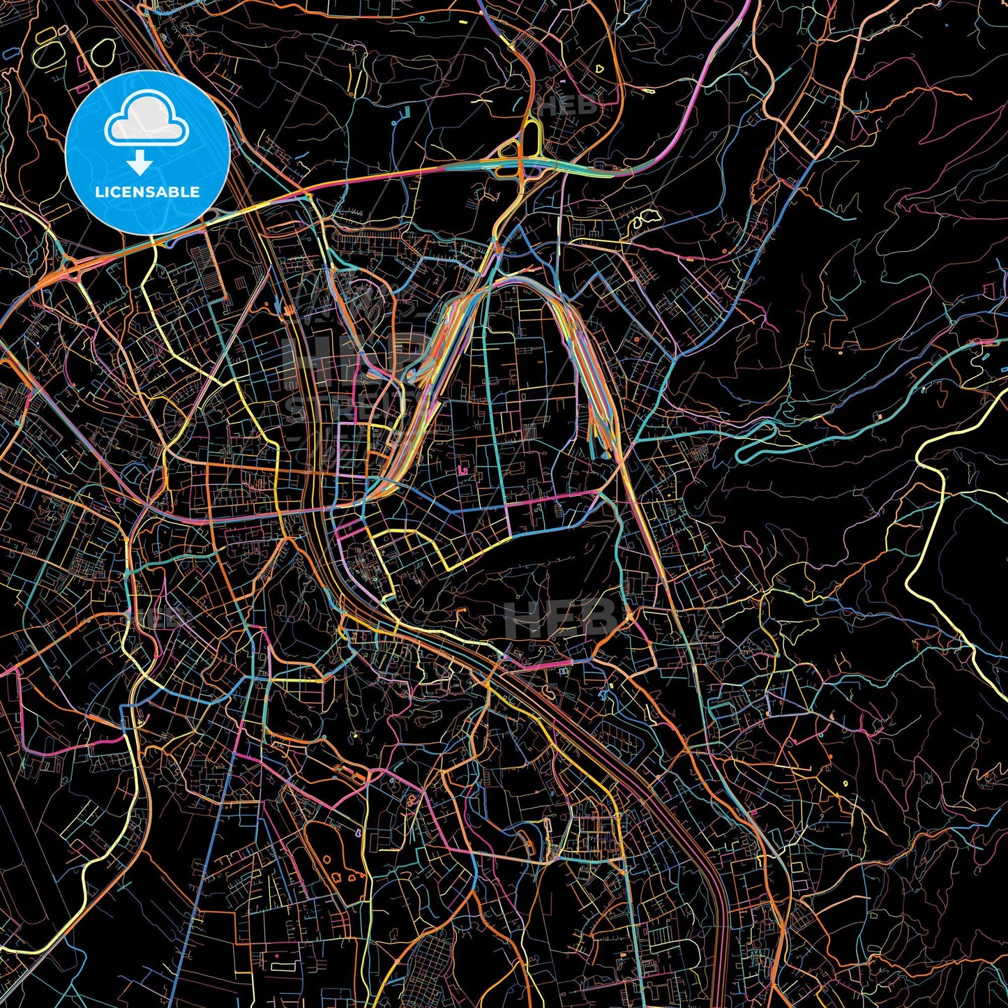 Salzburg, Salzburg, Austria, colorful city map on black background