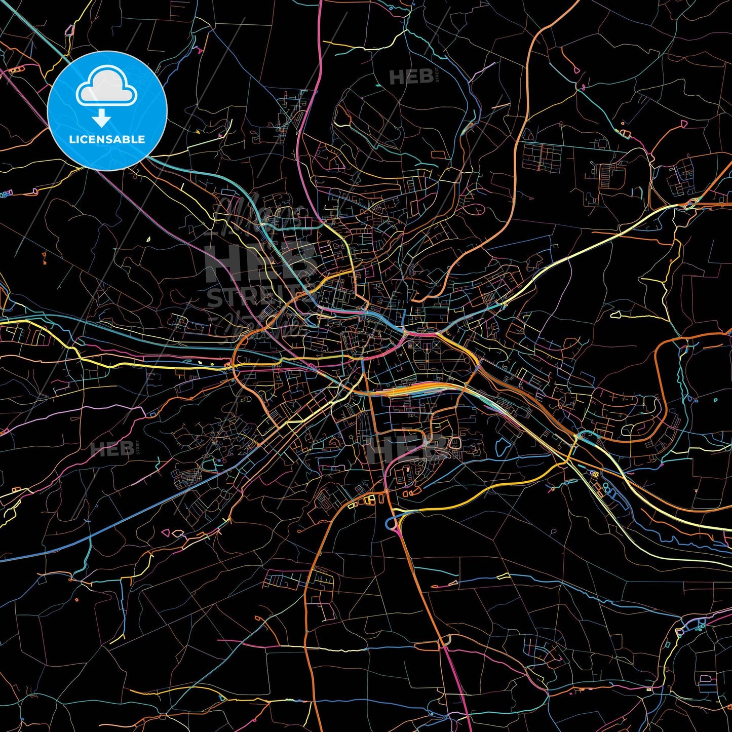 Ansbach, Bavaria, Germany, colorful city map on black background