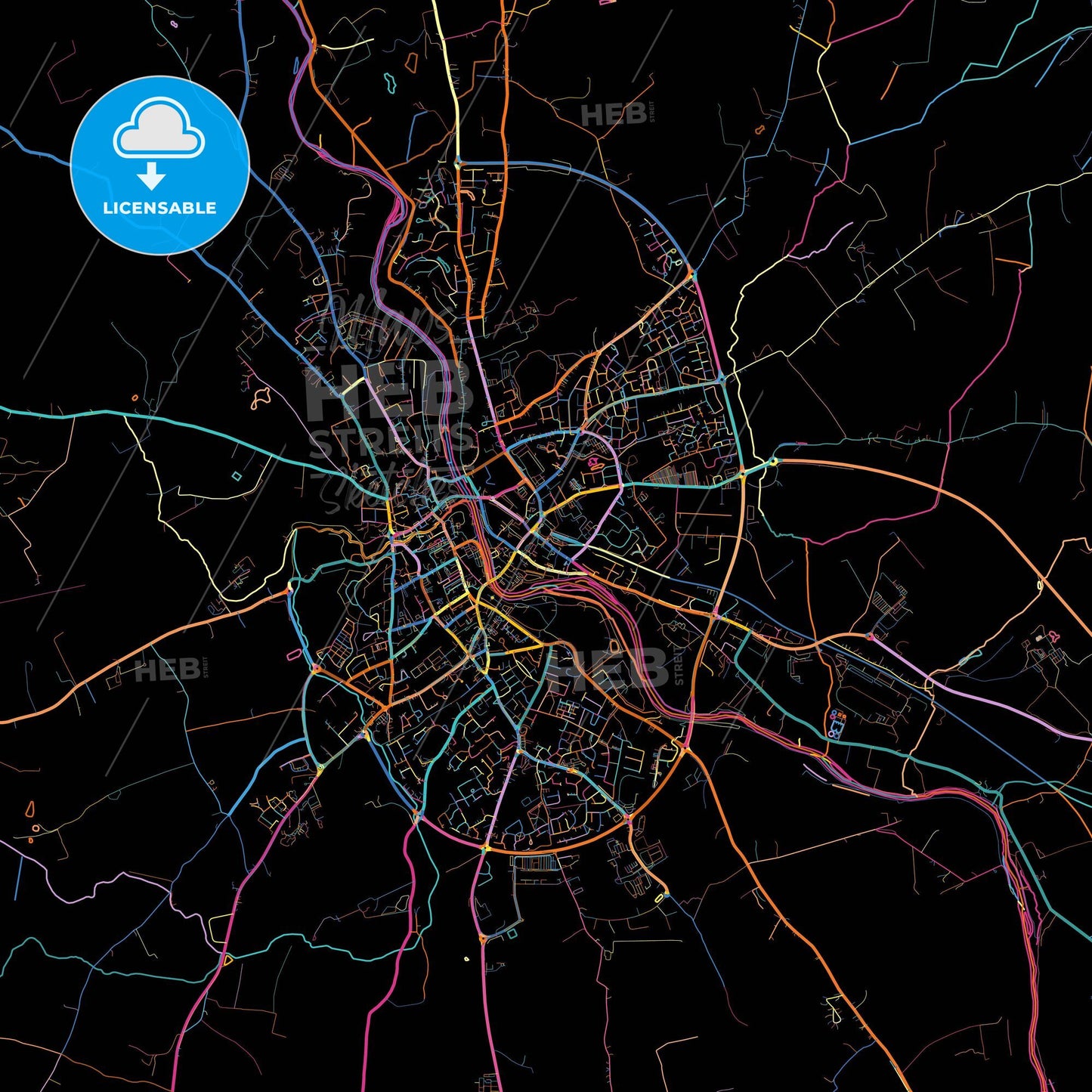 Kilkenny, County Kilkenny, Ireland, colorful city map on black background